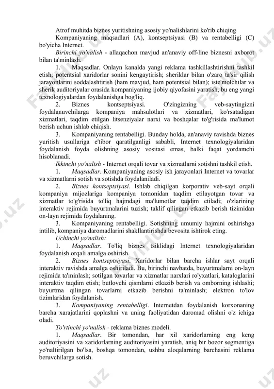 90-yillar davridagi elektron biznesning ta'rifiga nazar tashlasangiz, bu bu erda operatsiyalar va sheriklar bilan o'zaro aloqalar axborot-kommunikatsiya texnologiyalari asosida quriladigan biznes ekanligini o'qishingiz mumkin. ko'rib turganingizdek, bu erda texnologiya tushunchasi elektron biznesning "yuragi" dir - va hamma narsa ularning atrofida aylanadimi. bugungi kunda raqamli biznesni yanada kengroq tushunmoqdalar: bu jismoniy, raqamli dunyolar kesishmasida odamlar, kompaniyalar va aqlli qurilmalarning o'zaro ta'siriga asoslangan biznes loyihadir. ya'ni, bu erda o'zaro ta'sir va murakkablik eng asosiysi. 4.asosiy tushunchalar va ta'riflar 1990-yillarning boshidan beri. biznes uchun internetdan foydalanishning ko'payishi munosabati bilan elektron biznes (elektron biznes) va elektron sottegse (elektron tijorat) atamalari ommalashib ketdi. "elektron biznes" atamasini ibm bosh direktorlaridan biri l.gerstner tomonidan ishlab chiqarilgan deb ishoniladi. "elektron biznes" (elektron biznes) atamasining turli xil ta'riflari mavjud. ushbu atamalarning yana bir necha ta'riflari. elektron biznes - axborot-kommunikatsiya texnologiyalari va tizimlaridan foydalangan holda tijorat operatsiyalari va biznes jarayonlarini amalga oshirish. ushbu ta'rif biznes jarayonlarining muhim qismi avtomatlashtirilgan va …