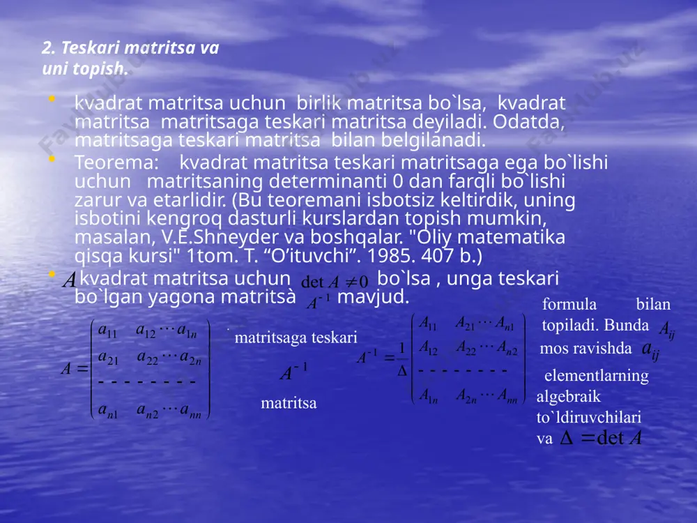rangini hisoblash qulayroq. matritsada: 1)faqat 0 lardan iborat satri (ustuni)ni o`chirishdan; 2) ikkita satr (ustun)ning o`rinlarini almashtirishdan; 3) biror satr (ustun)ning elementlarini biror songa ko`paytirib, boshqa satr (ustun) mos elementlariga qo`shish; 4) matritsani transponirlashdan, uning rangi o`zgarmaydi. bu amallarga odatda elementar almashtirishlar deyiladi. misol: matritsaning rangini hisoblang. echish. matritsaning rangini hisoblash uchun elementar almashtirishlardan foydalanamiz. birinchi satr elementlarini ikkinchi satr elementlariga, birinchi satr elementlarini (-2)ga ko`paytirib, uchinchi satr elementlariga, hamda uchinchi satr elementlarini to`rtinchi satr elemntlariga qo`shib quyidagi matritsani hosil qilamiz: keyingi matritsada 2-satrini (-1) ga ko`paytirib to`rtinchi satriga qo`shsak matritsa hosil bo`ladi. bu matritsada: bo`lib, to`rtinchi tartibli minorlar 0 ga teng. shunday qilib, berilgan matritsaning rangi 3 ga teng. 2. teskari matritsa va uni topish. kvadrat matritsa uchun birlik matritsa bo`lsa, kvadrat matritsa matritsaga teskari matritsa deyiladi. odatda, matritsaga teskari matritsa bilan belgilanadi. teorema: kvadrat matritsa teskari matritsaga ega bo`lishi uchun matritsaning determinanti 0 dan farqli bo`lishi zarur va …