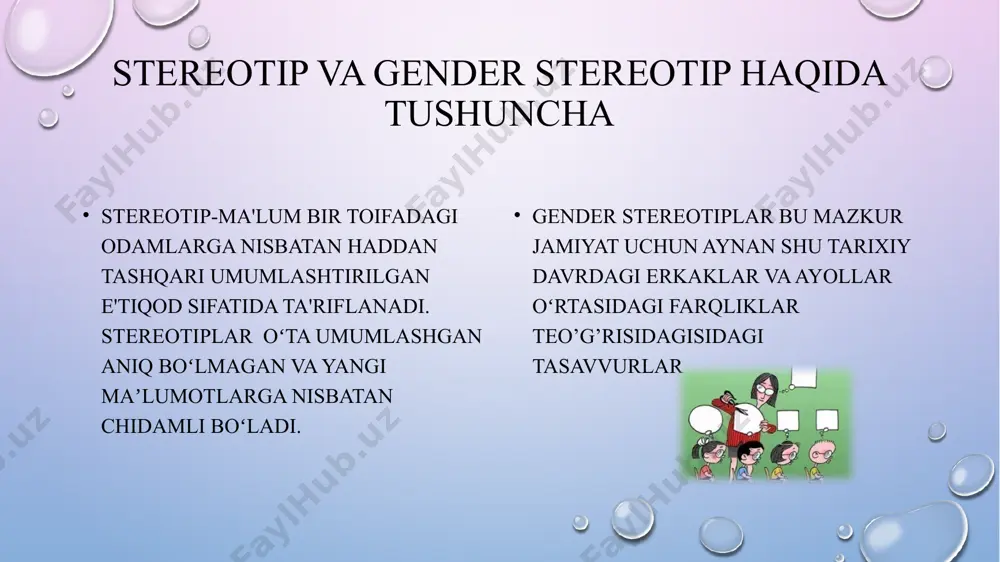 vkali qanchadan-qancha bilimli va hurmatli, yaxshi insonlar bor. stereotiplarning salbiy oqibatlari . shaxsningrivojlanishigahalalberadi. . ijodiyo&amp;apos;sishgato&amp;apos;sqinlikqiladi. . birnarsanikutadi, ammoboshqanatijabo&amp;apos;lsa–hafsalasipirbo&amp;apos;lib,frustratsiya, stress,depressiyahisqilishimumkin. shaxslararoziddiyatlarga,nizolargaolibkelishimumkin e`tiboringiz uchun raxmat image2.png image3.png image4.png image5.png image6.png image7.png image8.png image9.png media1.mp4 image10.png image11.gif image1.png