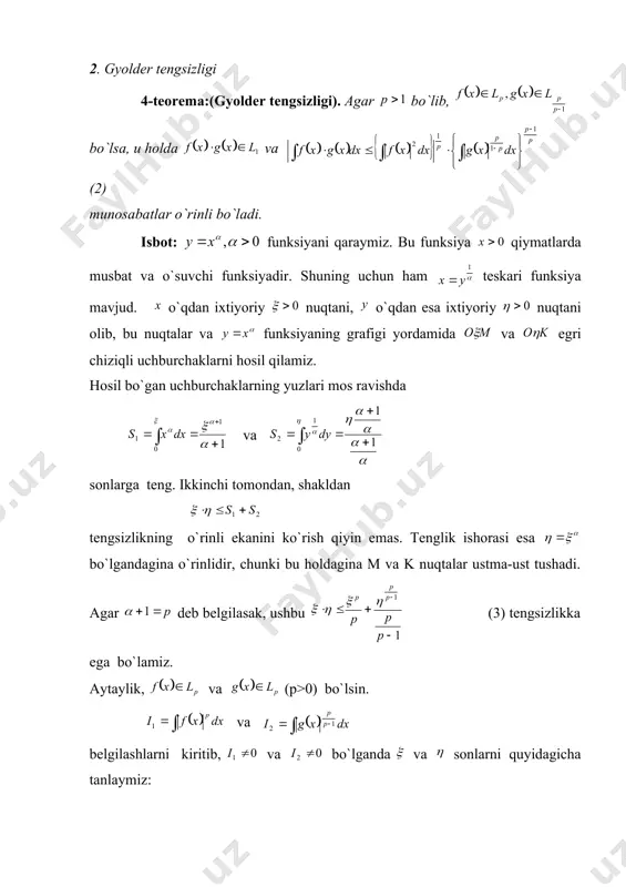 izlik o`rinli bo`ladi. isbot: munosabat ushbu tengsizlikdan kelib chiqadi. gyolder tengsizligiga binoan: munosabatning ikki tomonini deb faraz qilib, miqdorga bo`linsa, (4) tengsizlik kelib chiqadi. agar (4) tengsizlikda bo`lsa, koshining (5) tengsizligi kelib chiqadi. bu tengsizlik sinfni o`rganishda katta ahamiyatga ega.