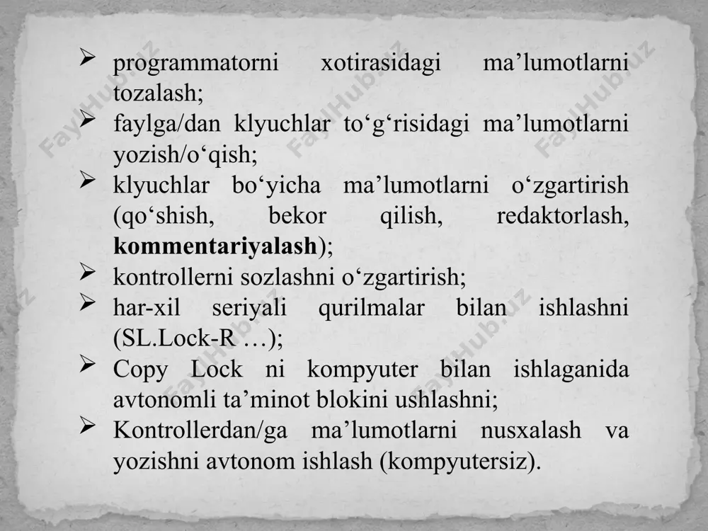 adi va buning natijasida logik signallarni darajasiga ta’sir qiladi. natijada xatolik ko‘rsatadi va ketma-ket o‘chib qolishlar bo‘ladi. boshqa sabablaridan biri bu rozetkadagi yer tutashtirgichning yomon ulanganligi, kompyuterning korpusiga yaqinlashayot-ganda paydo bo‘ladigan elektrik razryadlar. bunday hollarda tokning oqimi kerakmas tarafga ketadi. bu kompyuterning yer tutashtirgichining o‘zi yaxshi ulanmaganidan ham bo‘lishi mumkin. oddiy elektr rezetkasini testeridan foydalanib rezetkani tuzukligini tezda aniqlash mumkin. odatdagi impulsli past impulsli yuqori impulsli logik probnikni ko‘rinishi. kontrollerlar, kompyuterlarni qismlarga ajratish va tozalash uchun asboblar. kompyuterni va unda o‘rnatilgan qismlarni, platalarni tozalash uchun maxsus asbob va materiallar kerak bo‘ladi. kontaktlarni tozalash uchun eritma; siqilgan xavoli baloncha; kichkina shetka; paralonli tozalash tamponlari; yerga tutashgan braslet; kerak bo‘lib qolishi mumkin: yopishqoq lenta; kimyoviy inert germetik; silikonli yog‘ (smazka); kichkina o‘lchamdagi changyutgich (pilesos). odatda bu asboblar va kimyoviy moddalar proflaktika o‘tkazish uchun ancha yetarlidir. nazorat savollari: apparatli va programmali majmualar haqida gapirib bering? instrumentlar va asbob-uskunalar haqida gapirib bering? qo‘l instrumentlari …