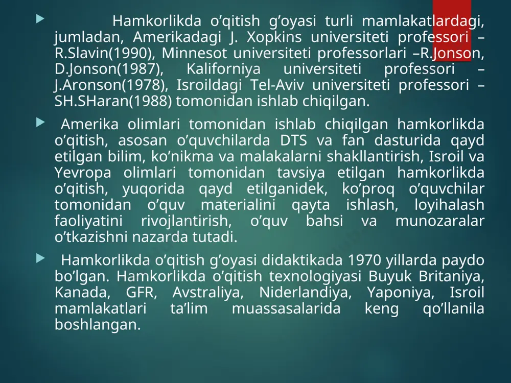 iritilgan natija bilan taqqoslanadi. shundagina o’quvchilar o’zining dars davomida erishgan natijasi komandaga foyda keltirishini anglagan holda ma’suliyatni his qilib, ko’proq izlanishga, bilim, ko’nikma va malakalarni puxta o’zlashtirishga intiladi. o’qituvchi kimyo darslarida komandada o’qitish metodidan foydalanish uchun avval mavzuni aniqlashi, so’ngra komandalar uchun topshiriqlar tuzishi lozim. o’qituvchi komandalar uchun mavzu bo’yicha o’quvchilarning o’zlashtirgan bilimlarini aniqlashda qo’llaydigan test savollarini tuzib bo’lgandan so’ng, mazkur darsning borishini loyihalashtirishi kerak. darsning borishini quyidagicha loyihalash tavsiya etiladi: i. tashkiliy qism. ii. o’tgan mavzu yuzasidan o’quvchilar bilimini nazorat qilish va baholash. iii. o’quvchilarni dars mavzusi, maqsadi, borishi bilan tanishtirish. iy. yangi mavzuni o’rganish: a) o’quvchilarni komandaga ajratib bir necha kichik guruhlarni tashkil etish hamda har bir komanda a’zolari tomonidan belgilangan o’quv topshiriqlarini mustaqil ravishda sifatli bajarishiga erishish; b) o’quv materialini yaxlit holda qayta ishlab chiqilishini amalga oshirish. y. yangi mavzu yuzasidan komandalar o’rtasida savol-javob, o’quv bahsi uyushtirish. yi. o’quvchilar bilimini test savollari yordamida nazorat qilish va baholash. …