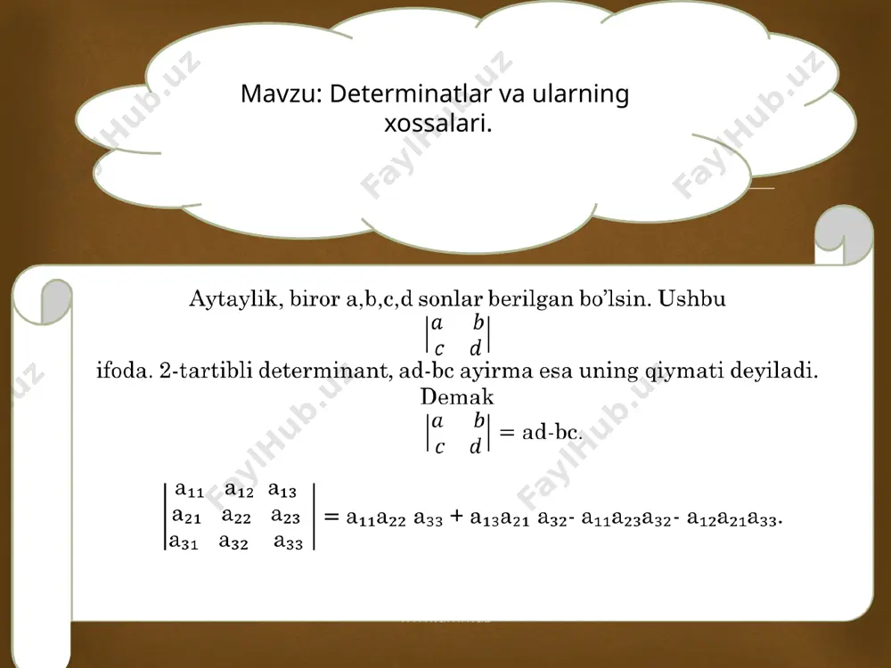 chiqadi. 2-natija. agar a11 a12 a13 a21 a22 a23 a31 a32 a33 ning biror yo’li (ustuni)ni o’zgarmas k soniga ko’paytirib,uni boshqa yo’li (ustuni)ga qo’shilsa, determinant qiymati o’zgarmaydi: a11 a12 a13 a11 a12 a13 a21 +ka11+a22+ka12+a23+ka13 = a21 a22 a23 a31 a32 a33 a31 a32 a33 endi determinantning minorlri xamda algebraik to’ldiruvchi – lari tushunchalarini keltiramiz. yana soddalik uchun uchinchi tartibli determinantlarni qaraymiz. www.arxiv.uz  berilgan determinantning qolgan elementlaridan ikkinchi tartibli determinant xosil bo’ladi. unga aik elementning “minori” deb ataladi va mik kabi belgilanadi. masalan, (3) determinantning a13 elementi turgan yo’lni xamda ustunni o’chirish a11 a12 a21 a22 a23 a31 a32 a33 natijada ikkinchi tartibli ushbu a21 a22 m31= a31 a32 determinant xosil bo’ladi. bu berilgan determinantning a13 element minoridir, a13 www.arxiv.uz  ushbu (-1 miqdor (3) determinant algebraik to’ldiruvchisi deyiladi va orqali belgilanadi: = (-1 7-determinantning biror yo’li (ustuni)da turgan barcha elementlarning ularga mos algebraik to’ldiruvchilari bilan ko’paytmasidan tashkil topgan …