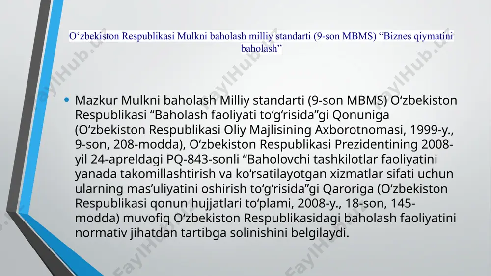 ida ma’lumotlar mavjud bo‘lgan holda bozor ekstraksiyasi usuli bilan; diskontlash stavkasida daromad o‘zgarishining doimiy sur’atini hisobga olish yo‘li bilan hisoblanadi. baholash obyektining qiymati qiyosiy yondashuv yordamida multiplikatorlarning tanlangan qiymatlarini baholash obyektining tegishli moliyaviy yoki boshqa xil ko‘rsatkichlariga ko‘paytirish orqali olingan natijalarni muvofiqlashtirish yo‘li bilan aniqlanadi. baholovchi quyidagi yakuniy tuzatishlarni kiritadi (yoki kiritishdan voz kechish sabablarini asoslaydi): agar qiymat bazasi sifatida investitsiyalangan kapitaldan foydalanilgan bo‘lsa, uzoq muddatli qarzdorlikka; xususiy aylanma kapitalning taqchilligiga (ortiqchaligiga); daromadni shakllantirishda ishga solinmagan aktivlar mavjudligiga; ishlab chiqarishning noqulay diversifikatsiyasiga (portfel skidka); likvidlikka (yopiq korxona ochiq analoglar bo‘yicha baholangan holda); nazorat darajasiga. biznes qiymatini xarajat yondashuvi bilan baholashda baholovchi baholash obyektini tiklash yoki almashtirish uchun zarur bo‘lgan xarajatlarga asoslangan quyidagi usullardan birini qo‘llaydi: sof aktivlar usuli — biznes qiymati korxona barcha aktivlarining bozor qiymatlari va uning majburiyatlari o‘rtasidagi tafovut sifatida aniqlanadi; tugatish qiymati usuli — biznes qiymati korxona tugatilganda uning mulkdori olishi mumkin bo‘lgan mulkning qiymati va tugatish …