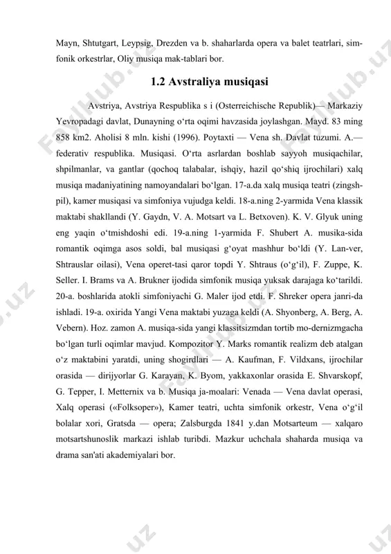 demiyalari bor. 1.3 fransiya musiqasi fransiya (france). fransiya respublikasi (republigue franchise)-g‘arbiy yevropadagi dav-lat. g‘arbda va shim. da atlantika okea-ni hamda la-mansh bo‘g‘ozi, jan.da o‘rta dengiz b-n o‘ralgan. mayd. 547,03 ming km2. aholisi 60,424 mln. kishi (2004). poytaxti-parij sh. ma'mu-riy jihatdan 22 region (viloyat), 96 departamentga bo‘lingan. f. tarkibida dengiz orti departamentlari (gvadelupa, martinika, gviana, reyunon), dengiz orti hududlari (taiti, yangi kaledoniya, fransiya polineziyasi, tinch okeandagi uollis va futuna o.lari va b.), hududiy birliklar (mayot-ta va sen-per va mikelon) bor. davlat tuzumi. f.-respublika. musiqasi. f. milliy musiqasi qad. kelt, gall va frank qabilalari folkloridan boshlanadi. 11-13-a.larda trubadur va truver (shoir-xo-nandalar) musiqa san'ati rivojlan-gan. 14-a.dagi ilk uyg‘onish davrida cherkov ijrochiligi rivoj topdi. o‘sha davr mashhur kompozitorlari gilom de masho, filipp de vitri are nova (yangi san'at) musiqa harakatining eng yetuk namoyandalari edilar. musiqa-ning keyingi rivoji g. dyufai, josken depre, i. okegem, xor polifo-niyasi ustasi k. janeken, gugenot xori asoschisi k.gudimel, buyuk polifonist, …