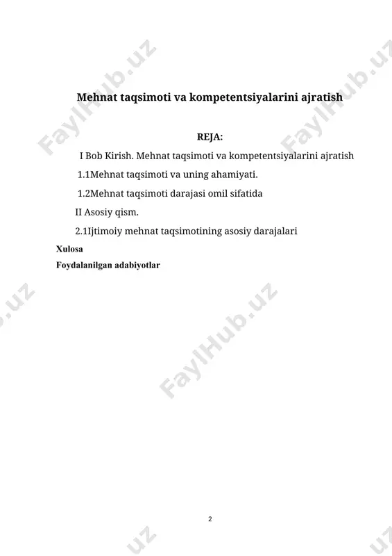 lashtirish shartlari bilan ob'ektiv ravishda shartlanadi. bu shartlar kapitalistik korxonada hunarmandlar mehnatining oddiy kooperatsiyasidan manufakturaga o'tish davrida - ko'plab kichik operatsiyalarni alohida bajaradigan ishchilar mehnatini birlashtirish davrida paydo bo'ldi. tabiiyki, keyinchalik qo'l mehnatiga asoslangan manufakturadan sanoat ishlab chiqarishiga o'tish mehnat taqsimoti samaradorligini ancha oshirdi. shunday qilib, ijodiy faoliyatning ixtisoslashuvi mehnat unumdorligini oshirishning (odamlar mahsulotini ko'paytirish) eng muhim vositasi bo'lib xizmat qiladi. bu quyidagilarning natijasidir: birinchidan, ishchilarning ixtisoslashuvi mahoratni ko'paytiradi, yanada ilg'or bilim va ko'nikmalarni egallashni o'z ichiga oladi ikkinchidan, bu ish vaqtini tejashni ta'minlaydi, chunki sa'y-harakatlarni jamlash orqali odam bir kasbdan boshqasiga o'tishni to'xtatadi. uchinchidan, ixtisoslashuv mashina texnologiyasini ixtiro qilish va qo'llashga turtki beradi, bu esa ishlab chiqarishni ommaviy va yuqori samarali qiladi. mehnat taqsimoti va kompetentsiyalarini ajratish o'rta va oliy kasb-hunar ta'limi katta ahamiyatga ega ta'lim muassasalari ilmiy, texnik va turli sohalardagi mutaxassislar iqtisodiy faoliyat. oliy ta'limning zamonaviy davlat ta'lim standartlari kasb-hunar ta'limi 2000-yilda mamlakatimizda qabul qilingan, talabalarning oʻqishini …