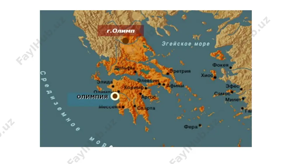 o‘lga kiritishga urinib ko‘rdi, ammo yosh raqibiga imkoniyatni boy berdi. olimpiada o‘yinlarining madaniy ahamiyati olimpiya faqat sportchilar maydoni emas, balki san’atkorlar, sho‘irlar, faylasuflar va tarixchilarning ham yig‘in joyi edi. o‘yinlar arafasida mashhur yozuvchilar o‘z asarlarini ommaga o‘qib eshittirishgan, haykaltaroshlar va rassomlar yangi san’at asarlarini namoyish qilishgan. g‘oliblar nomi she’riy madhiyalar — epinikiyalar orqali tarixda muhrlangan. bu janr yunon she’riyatida yuksak san’at namunasi sifatida baholangan. olimpiada o‘yinlari qadimgi yunonlar orasida muloqot, axborot va tajriba almashish imkonini bergan. san’at haykaltaroshlik va rassomlik asarlari namoyishi. adabiyot epinikiyalar va tarixiy asarlar o‘qilishi. madaniy almashinuv turli polislar o‘rtasida muloqot va tajriba almashish. 17 san’at va estetik ideal olimpiada o‘yinlari qadimiy yunon san’atining shakllanishi va rivojlanishida markaziy rol o‘ynagan. zevsga bag‘ishlangan altis majmuasi eng yirik badiiy inshootlar va monumental haykaltaroshlik yodgorliklari to‘plangan markaz bo‘lgan. qadimgi yunonlar sportchining tanasini nafaqat kuch va harakat vositasi, balki go‘zallik va uyg‘unlik timsoli sifatida ko‘rganlar. shu bois ko‘plab haykallar (masalan, “diskobol” …