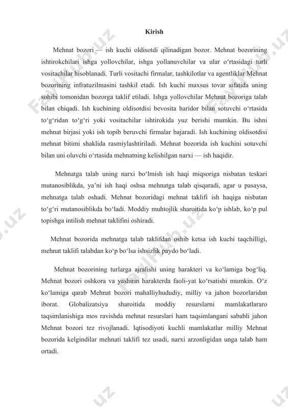 rafiya va kasb-malaka bo‘yicha xo‘jalik faoliyati sohalariga joylashuvi shular orqali amalga oshadi. bozor mexanizmi raqobat jarayonida mustaqil tarzda tartibga solinish jihatlarini hamda davlat tomonidan maqsadga yo‘naltirilgan tarzda ta’sir o‘tkazilishini o‘zida mujassam etadi. mehnat bozori aslida shu ma’noda ob’ektiv hodisadirki, u odamlarning xohish- irodalaridan qat’i nazar jamiyatdagi ijtimoiy-iqtisodiy munosabatlarning xususiyatlari bilan belgilanadi. ishchi kuchi mazkur jamiyatning sharoitlarida tovar bo‘lsa va ishlab chiqarish omillari (yollanma ishchi kuchi va ishlab chiqarish vositalari) birlashishining o‘zi mehnatning oldi-sotdisi orqali amalga oshadigan bo‘lsa, bu mehnat bozori mavjud deganidir. mehnat bozorining rivojlangan darajada amal qilishi uning infratuzilmasi qay darajada tarkib topganligi, ushbu infratuzilma mehnat bozorining ishlashiga ko‘maklashadigan institutlarni o‘z ichiga olganligiga bog‘liq bo‘ladi. tabiiyki, mazkur infratuzilma anglangan harakatlar natijasi bo‘ladi, demak, u, bozorning o‘zidan farqli o‘larok, ob’ektiv tusga ega bo‘lmaydi. mehnat bozori haqiqiy ishlashining muhim sharti unda barcha mehnat munosabatlari ishtirokchilari: davlat, ish beruvchilar va yollanma ishchilarning mos xatti-harakatlari hisoblanadi. bugungi kunda rejali iqtisodiyotdan bozor iqtisodiyotiga o‘tayotgan …