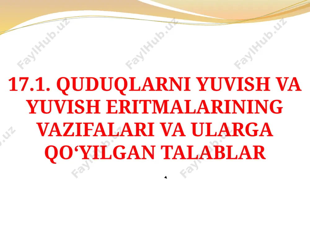 ichi (pasportda berilgan); φ – о‘lchov asbobining burilish burchagi, gradusda; bu yerda: ηpl – plastik oquvchanlik, sp; v – о‘lchov asbobining kо‘rsatgichida о‘lchov asbobining burilish burchaklari (ikki xil tezlikda aylanish gradusda; n – asbobning aylanish tezligi, ayl/min burg‘ilash qorishmalarining umumlashgan ta’rifini berish uchun samarali oquvchanlik ( ) qabul qilingan bu yerda: – samarali oquvchanlik, sp; v – о‘lchov asbobining kо‘rsatgichi φ2 – asbobning burilishi, gradusda; n – asbobning aylanish tezligi, ayl/min 26 17.4. suv asosli burg‘ilash eritmalari 27 burg‘ilash jarayonida suv asosli burg‘ilash aralashmalari kengroq qо‘llaniladi. gilli eritmaning kalloid-suspenziya tizilmasi deganda, loylar, suvlar va burg‘ilangan jins zarrachalari tushiniladi. har xil moddalarning suv bilan aralashtirib quyidagi eritmalarni hosil qilish mumkin: 1. haqiqiy eritmalar – butunlay bir jinsli va tiniq eritma, kо‘p saklanganda ham о‘zining xossasini yо‘qotmaydi; 2. kalloid eritmalar – u yoki bu darajadagi loyqa eritmalar, saqlangandan keyin ilviraga aylanadi; 28 3. suspenziya – qattiq moddalarni suv bilan aralashmasi gilli aralashma, …