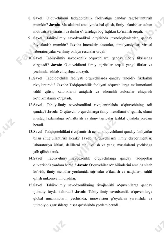 antirish bo‘yicha pedagogik yondashuvlarni o‘rganishda yordam beradi. foydalanilgan adabiyotlar 1. yunusov, b. (2017) pedagogika nazariyasi va amaliyoti. – toshkent: o‘zbekiston respublikasi oliy va o‘rta maxsus ta’lim vazirligi. 2. xo‘jaeva, g. (2015)pedagogik texnologiyalar va ularni ta'limda qo‘llash. – toshkent: akademnashr. 3. gulomova, r. (2018)innovatsion ta'lim texnologiyalari. – toshkent: o‘zbekiston milliy universiteti nashriyoti. 4. mansurov, s. (2020) kreativ ta'lim metodlari. – toshkent: o‘zbekiston pedagogika akademiyasi nashriyoti.