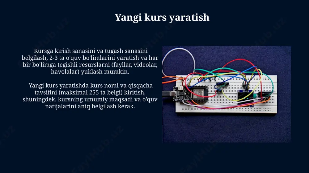 da, guruhlarga ajratish orqali samarali boshqarish va o'qituvchilarga yuklamani kamaytirish mumkin. dars materiallarini yuklash moodlega 10 mb dan katta hajmdagi fayllarni yuklashda, zip yoki rar kabi arxiv formatlaridan foydalanish tavsiya etiladi, bu esa yuklash vaqtini qisqartiradi va server yuklamasini kamaytiradi. dars materiallarini turli formatlarda (pdf, docx, pptx, video, audio) yuklash mumkin, ammo talabalarning qulayligi uchun mos formatni tanlash muhim; masalan, katta hajmdagi video fayllarni o'rniga, qisqacha xulosalar bilan ta'minlash foydali bo'lishi mumkin. kursga kirishni boshqarish moodle'da kursga kirishni boshqarish uchun 3 ta asosiy usul mavjud: ochiq kirish, ro'yxatdan o'tish kaliti yordamida va qo'lda qo'shish orqali. har bir usul turli xil talabalar guruhlari uchun mos keladi. kursga kirishni cheklash uchun ro'yxatdan o'tish kaliti yoki maxsus kodlardan foydalanishingiz mumkin, bu esa 200 nafargacha talabalar guruhiga kirishni boshqarish imkonini beradi. kurs statistikasini ko'rish kurs statistikasi, jumladan, 100 dan ortiq foydalanuvchining faollik darajasi va ularning darslarda ishtiroki haqidagi batafsil ma'lumotlarni taqdim etadi, bu esa …