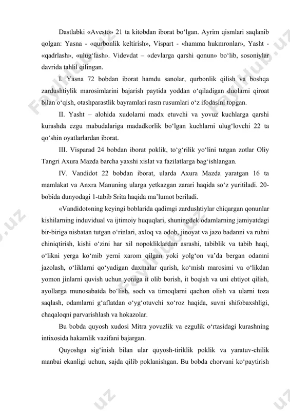 sh-tiriklik poklik va yaratuv-chilik manbai ekanligi uchun, sajda qilib poklanishgan. bu bobda chorvani ko‘paytirish va uni asrab-avaylash uchun xonaki it asrash va uni hayvonlarga ozor bermaslikka o‘rgatish qonun qoidalari mavjud. zardushtiylik dinining muqaddas kitobi «avesto» hozirgi o‘zbekiston hududida milloddan oldingi 2-ming yillik o‘rtalarida yashagan qabilalarning diniy va dunyoviy mafkurasi, ilk davlatchilik ijtimoiy-siyosiy tuzumi, huquqi haqida asosiy manba sifatida qimmatli ma’lumotlarni beradi. buyuk mutafakkirlar, shoir va faylasuf davlat arbobi va qonunshunos, din ilohiyotchisi zaotor yoki otorbon unvonlari sohibi, o‘z davrining payg‘ambarining payg‘am-barlari sipitamon zardushtiy 630-550 yoki 618-541 y. paytda marka-ziy osiyoda ko‘chmanchilikka asoslangan turmush tarzi inqirozga uchray boshlagan turon zaminida azaldan el bo‘lib yashab kelayotgan turkiy-lar, forslar, saklar, osiyolar, toxarlar, daxllar, massagetlar, bak-triyaliklar, parkanaliklar, xorazmliklar, chochlik va boshqa xalq-larning aksariyati ko‘chmanchilikdan o‘troq hayotga, dehqonlik, chorvachilik va hunarmandchilikka o‘ta boshlagan edi. bu esa qadimgi xorazm, so‘g‘d, marv, balx nisoya, hirot, parfiya va boshqa o‘lkalarda markazlashgan davlat tizimi asoslarining yaratilishiga sharoit tug‘dirgan edi. …