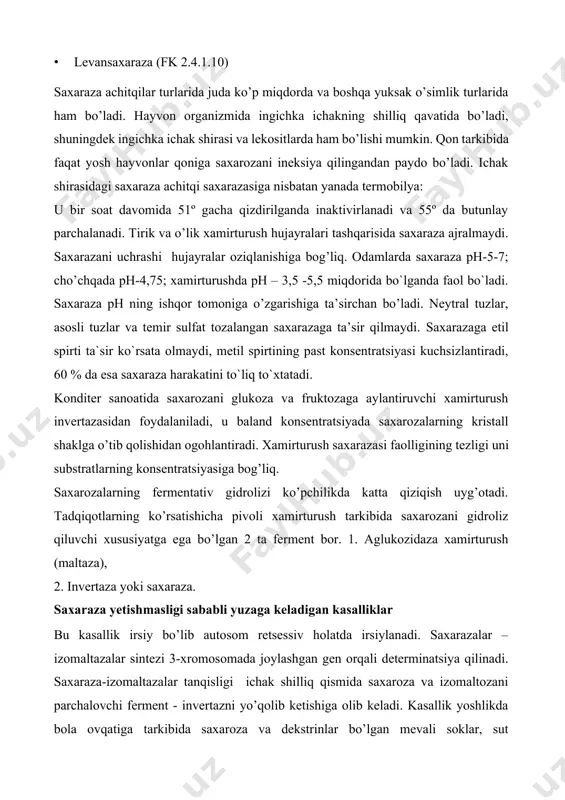 zligi uni substratlarning konsentratsiyasiga bog’liq. saxarozalarning fermentativ gidrolizi ko’pchilikda katta qiziqish uyg’otadi. tadqiqotlarning ko’rsatishicha pivoli xamirturush tarkibida saxarozani gidroliz qiluvchi xususiyatga ega bo’lgan 2 ta ferment bor. 1. aglukozidaza xamirturush (maltaza), 2. invertaza yoki saxaraza. saxaraza yetishmasligi sababli yuzaga keladigan kasalliklar bu kasallik irsiy bo’lib autosom retsessiv holatda irsiylanadi. saxarazalar – izomaltazalar sintezi 3-xromosomada joylashgan gen orqali determinatsiya qilinadi. saxaraza-izomaltazalar tanqisligi ichak shilliq qismida saxaroza va izomaltozani parchalovchi ferment - invertazni yo’qolib ketishiga olib keladi. kasallik yoshlikda bola ovqatiga tarkibida saxaroza va dekstrinlar bo’lgan mevali soklar, sut aralashmalari qo’shilgandan so’ng boshlanadi. ko’p hollarda saxarazalarning dastlabki tanqisligi 1 yoshgacha namoyon bo’ladi. bolalarda suvli diareya, qorin dam bo’lishi, qusish boshlanadi. najasi suyuq holda, achchiq hidli va ko’p miqdorda keladi. bola fiziologik va psixilogik rivojlanishdan orqada qoladi. kattalarda ham saxarazalarning dastlabki tanqisligi uchraydi. uning belgilari balog’at yoshida namoyon bo’ladi. lekin ko’proq 30-40 yoshli bemorlarda saxaraza tanqisligi ikkilamchi hisoblanib, ichak xronologik shamollash oqibatidagi shilliq …