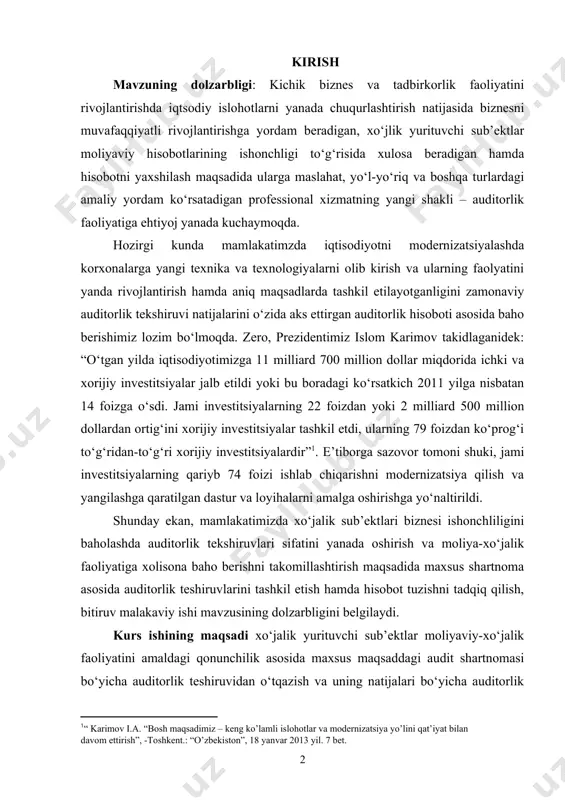 idan-to‘g‘ri xorijiy investitsiyalardir” . e’tiborga sazovor tomoni shuki, jami investitsiyalarning qariyb 74 foizi ishlab chiqarishni modernizatsiya qilish va yangilashga qaratilgan dastur va loyihalarni amalga oshirishga yo‘naltirildi. shunday ekan, mamlakatimizda xo‘jalik sub’ektlari biznesi ishonchliligini baholashda auditorlik tekshiruvlari sifatini yanada oshirish va moliya-xo‘jalik faoliyatiga xolisona baho berishni takomillashtirish maqsadida maxsus shartnoma asosida auditorlik teshiruvlarini tashkil etish hamda hisobot tuzishni tadqiq qilish, bitiruv malakaviy ishi mavzusining dolzarbligini belgilaydi. kurs ishining maqsadi xo‘jalik yurituvchi sub’ektlar moliyaviy-xo‘jalik faoliyatini amaldagi qonunchilik asosida maxsus maqsaddagi audit shartnomasi bo‘yicha auditorlik teshiruvidan o‘tqazish va uning natijalari bo‘yicha auditorlik hisobotini tuzish yuzasidan taklif va tavsiyalar berishdan iborat . yuqoridagi maqsaddan kelib chiqqan holda, kurs ishida quyidagi vazifalar belgilanadi: · mamlakatimizda auditorlik tekshiruvlarini tashkil qilishning me’yoriy-huquqiy asoslarini o‘rganish; · maxsus maqsaddagi audit shartnomasi bo‘yicha auditorlik hisoboti tuzishning maqsadi va vazifalarini o‘rganish; · maxsus maqsaddagi auditorlik tekshiruvlar natijalarini umumlashtirish va baholashni o‘rganish; · maxsus maqsaddagi tekshiruvlarda auditorlik hisoboti va uni tuzish tartibi …