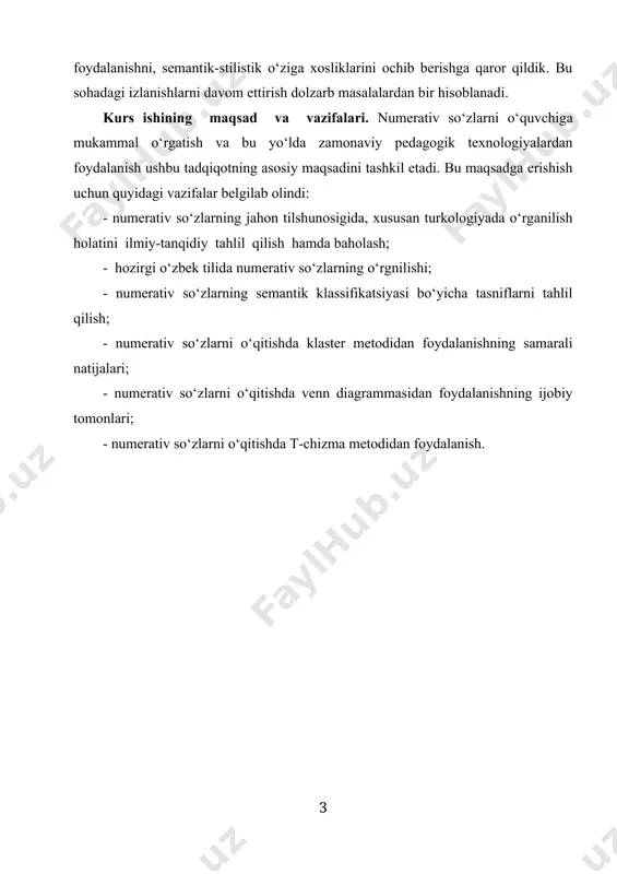 ‘zlarni o‘qitishning nazariy va amaliy ahamiyati 1.1.numerativ so‘zlar. ularning jahon tilshunosligida o‘rganilishi ... inson aql-idroki, zakovati bilan oʼrganayotgan, shakllantirayotgan hamda rivojlantirgan qaysi fanni, uning yoʼnalishini olmaylik, albatta oʼlchashlarga, ularning turli usullariga, oʼzaro bogʼlanishlariga duch kelamiz. tilimizda bunday birliklarning o‘rni va ahamiyatini tadqiq etish muhim ahamiyatga ega. predmetlarning miqdorini o‘lchashda qo‘llanadigan so‘zlar numerativ so‘zlardir. o‘zbek tili grammatikasida numerativ so‘zlarning o‘rni va ahamiyati alohida. tilshunoslar “hisob so‘zlar”, “izohlovchi so‘zlar’, “son bilan predmet o‘rtasida qo‘llanuvchi so‘zlar”, “numerativlar”, “klassifikatorlar” deb turlicha ataydilar. biz bunday so‘zlarni tilshunoslikda qabul qilinishi bo‘yicha numerativlar yoki numerativ so‘zlar deb atadik. numerativ so‘zining ma’nosi haqida turli adabiyotlarda bir-biriga yaqin fikrlarni o‘rgandik. numerativ so‘zi numerdan kelib chiqan bo‘lib, numer so‘ziga bir necha izohlar berilgan. d.n.ushakova: “numer ya’ni nomer so‘zining mujskoy rodda qo‘llanishi”.[footnoteref:1] a.n.chudinovning “chet el so‘zlari rus tilida” nomli kitobida quyidagicha izoh berilgan: “numer – nomer, numer (lotincha) 1) predmetlarning tartibini bildiruvchi son; 2) alohida kitob; 3) mehmonxonadagi alohida xona.[footnoteref:2] rus …