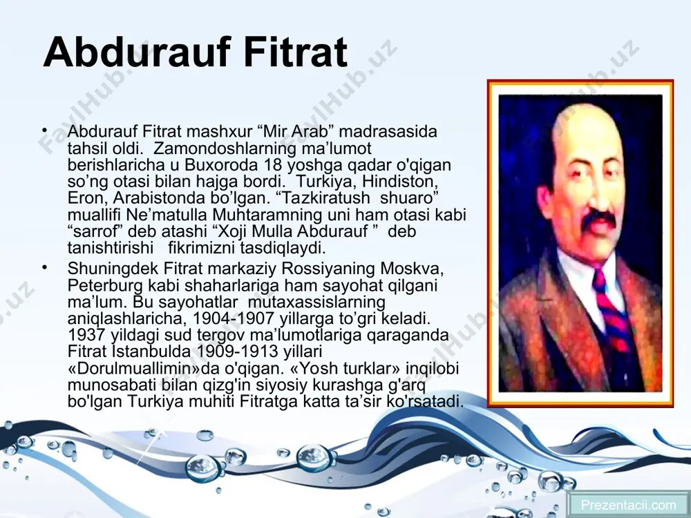 lari bilan turkiston xalqlarini dunyoda sodir bo'layotgan ijtimoiy-iqtisodiy, hamda siyosiy voqealar holatlar bilan tanishtirishga harakat qilgan. ayniqsa uning o'ta qaltis sharoitlarda ham o'z fikr mulohazalarini dadil himoya qilganligi el-yurt, ona vatan uchun sidqidildan qilgan harakatlari uning qanchalik buyuk siymo ekanligini isbotlab turadi. xulosa fitrаt o’zbek аdаbiyoti tаriхidа ko’pqirrаli ijodkor sifаtidа o’chmаs iz qoldirdi. u tаnqid vа аdаbiyotshunoslik, sаn’аtshunoslik vа tаriх, tilshunoslik vа mаtnshunoslik sohаlаridа judа ko’p аsаrlаr yarаtib, o’zbek mаdаniyati хаzinаsini bebаho durdonаlаr bilаn boyitdi. ulаr orаsidа “аdаbiyot qoidаlаri”, “o’zbek klаssik musiqаsi vа uning tаriхi”, “umаr hаyyom”, “o’zbek аdаbiyoti nаmunаlаri” kаbi kitoblаr аlisher nаvoiy, mаshrаb, аhmаd yassаviy, bedil singаri shoirlаr ijodigа oid mаqolаlаri, “qutаdg’u bilig” qo’lyozmаsini topishdek хizmаtlаri diqqаtgа sаzovordir. foydalanilgan adabiyotlar ro`yxati fitrаt аsаrlаri: chin sevish. t., g’аfur g’ulom nomidаgi nаshriyot, 1997 fitrаt ijodi hаqidа: kаrimov n. mаvlono fitrаt. “fidoiylаr” to’plаmi. t., “fаn”, 1990. shаrаfiddinov o. аbdurаuf fitrаt. “yoshlik”, 1990, 5-son. qosimov b. fitrаt. “shаrq yulduzi”, 1992, 10-son. g’аniev …