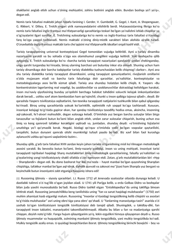 vjud. har bir aloxida inson uchun yagona, mustaqil, abadiy dunyo mavjud. dunyoning bunday mavjudligi har bir inson uchun doimiy yangi, bir marta amalga oshadigan, hech qachon qaytarilmaydigan kechinmadir». bir qarashda, darhaqiqat, har bir odam aloxida va mustaqil olam. uning o’zdunyosi bo’lganidek, o’zibtidosi va intihosi ham bor. u tashqi dunyoni o’zining ichki olami orqali o’zicha tushunadi, o’zicha anglaydi, unga o’zicha baho beradi. demak, insoniyat tarixi har bir odam uchun garchi u yaxlit, bir butun tarix, real tarixiy jarayon bo’lsa-da, uni anglashda o’ziga xoslik, unga yondoshishda xususiylik bo’lishi tabiiy. demak, real tarixiy jarayon real inson tasavvurida real fikr-xulosaga aylanishi mumkin. ana shu holatdan kelib chiqib ham shpengler «ilmiy bilish bu o’z-o’zini anglashdir» degan g'oyani ilgari suradi. tarixni anglash, tarixni falsafiy tushunish orqali inson o’zligini anglaydi va o’ziga xos qadriyatga aylanadi. bunday jarayon insonda intuitiv imkoniyat, his qilish qobiliyati orqali ham yuzaga kelishi mumkin. shuning uchun shpengler tarixni tushunish va tarixga munosabatda intuitsiya, …