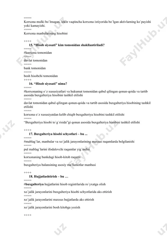 iyoqlama yozish ++++ 26. qaysi qatorda buxgalteriya balansi majburiyatlar bo`limiga tegishli moddalar ko`rsatilgan? ==== #uzoq muddatli qarzlar, uzoq muddatli kreditlar, qisqa muddatli qarzlar ==== asosiy vositalar, nomoddiy aktivlar, kapital qo`yilmalar ==== ustav fondi, rezerv kapitali, taqsimlanmagan foyda ==== bank kreditlari, olinadigan schetlar, to`lanadigan schetlar ++++ 27. debitorlik qarz undirildi. ushbu xo`jalik muomalasi buxgalteriya balansida qanday o`zgarishga olib keladi? ==== #aktivda ham kamayish ham ko`payish ==== aktivda ko’payish passivda kamayadi ==== aktiv ham passiv ham ko`payadi ==== passivda ham kamayish ham ko`payish ++++ 28. kreditorlik qarz to’lab berildi. ushbu xo`jalik muomalasi buxgalteriya balansida qanday o`zgarishga olib keladi? ==== ==== #aktiv ham passiv ham kamayadi ==== aktivda ham kamayish ham ko`payish ==== aktiv ham passiv ham ko`payadi ==== passivda ham kamayish ham ko`payish ++++ 29. qaysi qatorda buxgalteriya balansi debitorlik qarzlari bo`limiga tegishli moddalar ko`rsatilgan? ==== #uzoq muddatli debitorlik qarzlar, olinadigan schyotlar, qisqa muddatli berilgan qarzlar ==== olinadigan schyotlar, nomoddiy aktivlar, kapital …