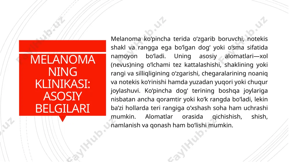 atlovchi guruhlar bemor va ularning oila a’zolari uchun yordam dasturlarini tashkil qiladi. reabilitatsiya esa jismoniy va ruhiy salomatlikni tiklash, sog‘lom turmush tarziga qaytish hamda kasallikdan keyingi hayot sifatini yaxshilashga mo‘ljallangan. profilaktika: melanomaning oldini olish melanoma rivojlanishining oldini olish uchun asosiy choralar—quyosh nurlaridan ehtiyotlanish, ochiq terini ultrabinafsha nurlardan himoya qilish, soyabon, maxsus krem va kiyimlardan foydalanishdir. farzandlarni va o‘zini ortiqcha quyosh nuriga to‘g‘ridan-to‘g‘ri ta’siridan saqlash juda muhim. shuningdek, o‘zida yoki oilada melanoma yoki boshqa teri o‘smalari bo‘lishini hisobga olib, teridagi har qanday pigmentli dog‘larni va xollarni muntazam ravishda kuzatib borish kerak. melanoma uchun skrining va monitoring yuqori xavfli guruhlarga—irsiy moyilligi borlar, ko‘p xollarga ega bo‘lganlar, uv nurlanishi ta’sirida ko‘p bo‘ladiganlar uchun muntazam tibbiy ko‘rikdan o‘tish va dermatoskopiyadan foydalanish tavsiya etiladi. monitoring—kasallik aniqlangan va davolanganidan keyin ham muhim ahamiyatga ega, chunki qaytalanish yoki yangi o‘sma paydo bo‘lishining oldini olish mumkin. har yili yoki qayta-qayta tekshiruvlar o‘tkazish orqali kasallik boshlanish bosqichidayoq aniqlanadi. o‘z …