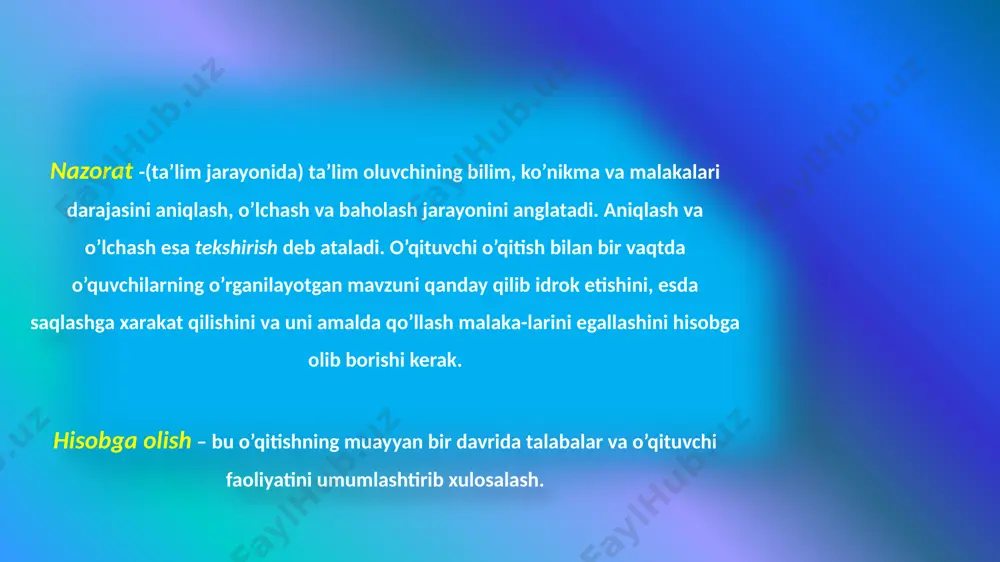 vchilarga bir xil murakkablikdagi savollar beri- lib, ular uchun bir xil sharoitning yaratilishi. reyting tizimining asosiy vazifalari quyidagilardan iborat: • talabalarda davlat ta'lim standartlariga muvofiq tegishli bilim, ko'nikma va malakalar shakllanganligi darajasini nazorat qilish va tahlil qilib borish; • talabalar bilim, ko'nikma va malakalarini baholashning asosiy tamoyillari: davlat ta'lim standartlariga asoslanganlik, aniqlik, haqqoniylik, ishonchlilik va qulay shaklda baholashni ta'minlash; • fanlarning talabalar tomonidan tizimli tarzda va belgilangan muddatarda o'zlashtirilishini tashkii etish va tahlil qilish; • talabalarda mustaqil ishlash ko'nikmalarini rivojlantirish, axborot resurslari manbalarida samarali foydalanishni tashkii etish; • talabalar bilimini xolis va adolatli baholash hamda uning natija-larini vaqtida ma'lum qilish; • talabalarning fanlar bo'yicha kompleks hamda uzjuksiz tayyorgarligini ta'minlasn; o'quv jarayonining tashkiliyishlarini kompyuterlashtirishga sharoit yaratish». nazorat qilish vazifasi o'quvchilarning bilim, ko'nikma va malakalar darajasini aniqlash va baholashdan iborat. bu o'quv materiallarini o'rganishning keyingi bosqichiga o'tish imkoniyatlarini aniqlashtiradi hamda ta'lim beruvchining o'quv metodlarini va usullarini to'g'ri tanlaganini nazorat qiladi. o'qitish vazifasi …