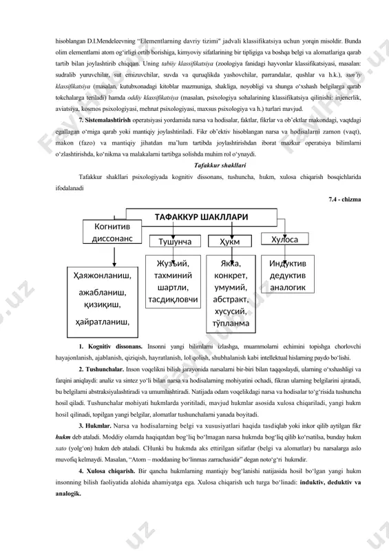 ashtirish. umumlashtirish deganda psixologiyada narsa va hodisalardagi xossa, belgi, xususiyat, alomatlarni topish va shu umumiylik asosida ularni birlashtirish tushuniladi. masalan, insonning yosh davrlari xususiyatidagi umumiy belgilar hisobga olinib, “o‘smir”, “o‘spirin”, “etuk kishi”, “keksa” singari terminlar ishlatiladi. umumlashtirish abstraksiyalash operatsiyasidan ajralgan holda sodir bo‘lmasdan uni asosida abstraksiyalash jarayoni yotadi. 6. klassifikatsiyalash deb bir turkum ichidagi narsalarning bir-biriga o‘xshashligiga va boshqa turkumdagi narsalardan farq qilishiga qarab, narsalarni turkumlarga ajratish tizimiga aytiladi. fan olamida buyuk kashfiyot bo‘lib hisoblangan d.i.mendeleevning “elementlarning davriy tizimi" jadvali klassifikatsiya uchun yorqin misoldir. bunda olim elementlarni atom og‘irligi ortib borishiga, kimyoviy sifatlarining bir tipligiga va boshqa belgi va alomatlariga qarab tartib bilan joylashtirib chiqqan. uning tabiiy klassifikatsiya (zoologiya fanidagi hayvonlar klassifikatsiyasi, masalan: sudralib yuruvchilar, sut emizuvchilar, suvda va quruqlikda yashovchilar, parrandalar, qushlar va h.k.), sun’iy klassifikatsiya (masalan, kutubxonadagi kitoblar mazmuniga, shakliga, noyobligi va shunga o‘xshash belgilarga qarab tokchalarga teriladi) hamda oddiy klassifikatsiya (masalan, psixologiya sohalarining klassifikatsiya qilinishi: injenerlik, aviatsiya, …