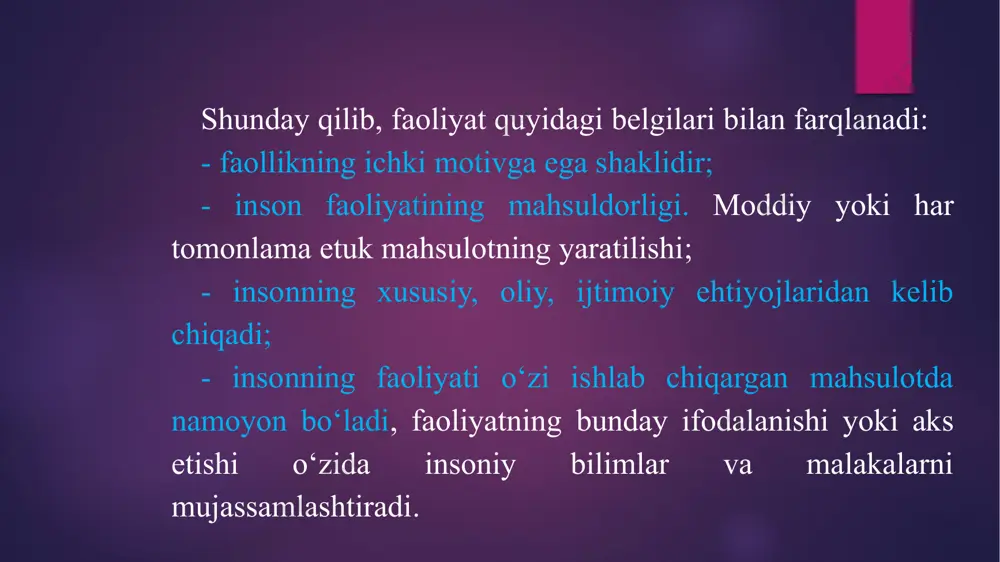 agarda biz yodda saqlab qolish layoqatidan iborat mnemik vazifalarga ega bo‘lmaganimizda, bu faoliyatni amalga oshira olmagan bo‘lardik. mnemik vazifalar tug‘ma bo‘ladi. bola tug‘ilishi bilanoq katta miqdordagi ma’lumotni yodida saqlay boshlaydi. dastlab, bu oddiy axborot bo‘lib, keyinchalik rivojlanish jarayonida xotirada saqlanishi zarur bo‘lgan axborot hajmidan tashqari, yodda saqlashning sifat ko‘rsatkichlari ham o‘zgaradi. «korsakov sindromi» deb ataladigan (uni ilk marotaba o‘rgangan mashhur rossiyalik psixiatr s.s. korsakov nomi bilan) xotira kasalligi mavjud. bunda aynan mnemik vazifa oqsaydi. bu kasallikda voqealar, hatto, bir necha daqiqa avval sodir bo‘lganlari ham umuman yodda saqlanib qolmaydi. bunday bemorlar, masalan, shifokor bilan kuniga bir necha marta salomlashib, bugun ovqatlanganmi yoki yo‘qmi, eslamasligi ham mumkin. bir bemor onasiga kitobiy asarning o‘ziga yoqib qolgan parchasini hozirgina o‘qib berganini yodidan chiqarib yuborib, beto‘xtov o‘qib berardi va, shu asnoda bir necha o‘n martalab takrorlardi. istalgan faoliyat tuzilishida ichki va tashqi tarkibiy qismlarni ajratish mumkin. ichki tarkibiy qismlarga markaziy asab tizimi tomonidan boshqariladigan …