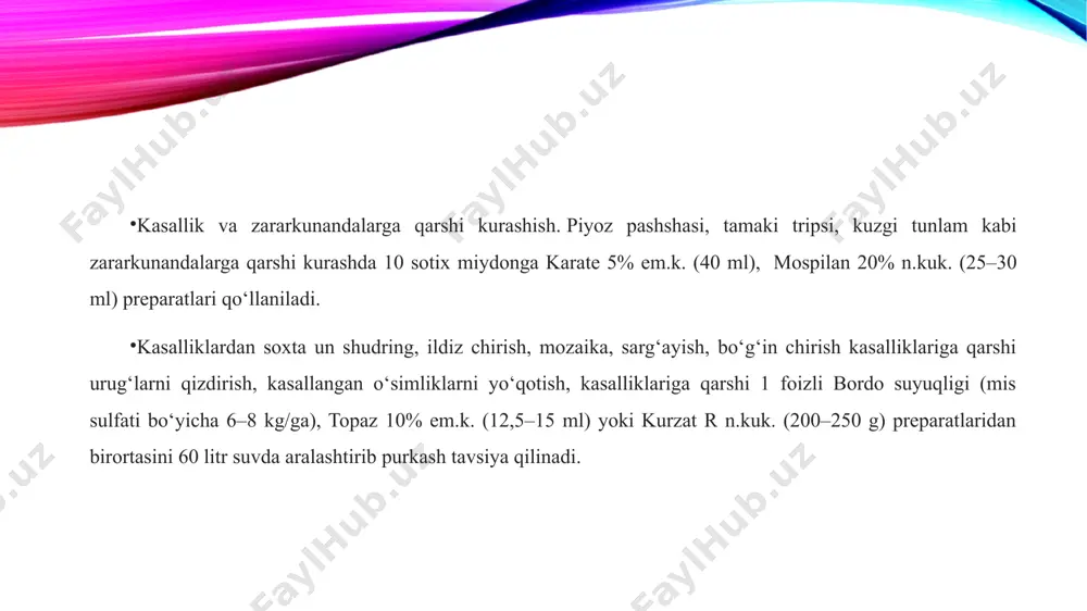 vomiyligi kamayadi va katta hajmda og‘irlik va sifat yo‘qotishlari kuzatiladi. sarimsoqni 0 daraja issiqlikda 60-70% namlikda 6-8 oy davomida 5-10% yo‘qotish bilan saqlash mumkin. 0 darajada saqlangan sarimsoq pallalari yumshashi va vazni kamayishi kuzatiladi. urug‘lik sarimsoqni harorati - 3 dan +3 darajagacha bo‘ladigan maxsus xonalarda saqlab, so‘ng ekilsa, piyozboshi 60-80, harorati +20-25 0 s bo‘lgan joylarda saqlab ekilganlarning hosili esa 90-120 kundan so‘ng yetadi. sarimsoq 20-25 sm. qalinlikda yoyib yoki sig‘imi 10-12 kilogrammli idishlarda saqlanadi. sarimsoq harorat 1-3 0 s, havo namligi 75-80% bo‘lganda yaxshi saqlanadi. sarimsoqni bundan yuqori haroratda (16-20 0 s) saqlash mumkin, lekin havo namligi 60-70 % dan oshmasligi shart. foydalanilgan adabiyotlar ro‘yxati: 1. o‘zbekiston respublikasi prezidentining "sarimsoqpiyoz hamda to‘qsonbosti usulida sabzavot mahsulotlarini yetishtirish va eksport qilishni ko‘paytirish chora-tadbirlari to‘g‘risida”gi 2020 yil 15 oktabrdagi pq4863-son qarori. 2. o‘zbekiston respublikasi hududida ekish uchun tavsiya etilgan qishloq xo‘jalik ekinlari davlat reestri. – toshkent, 2020. – b. 55. 3. turkiya …