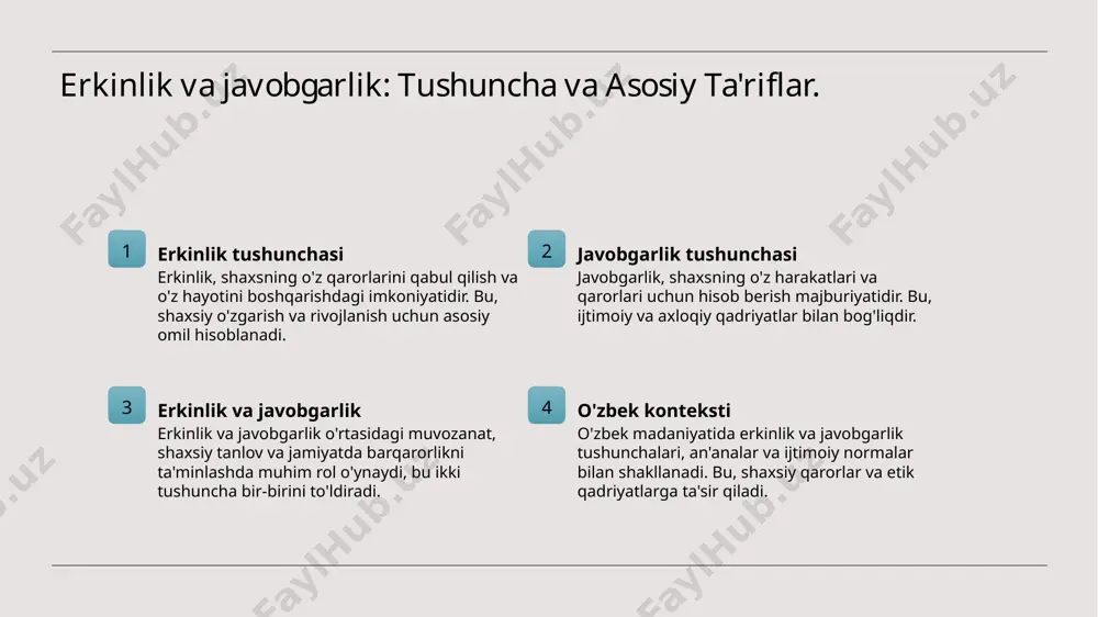 timoiy kontekst va oilaviy an'analar orqali bir-birini kuchaytiradi va rivojlantiradi. o'zbek madaniyatida erkinlik va javobgarlikning etik asosi. 1 erkinlik tushunchasi - o'zbek madaniyatida erkinlik, shaxsning o'z fikr va qarorlarini erkin ifoda etish imkoniyatidir, bu esa individual rivojlanishga xizmat qiladi. 2 javobgarlik tushunchasi - javobgarlik, shaxsning o'z harakatlari va qarorlariga bo'lgan mas'uliyatini anglatadi. bu tushuncha, axloqiy va ijtimoiy tartibni ta'minlaydi. 3 etik qadriyatlar - o'zbek madaniyatida etik qadriyatlar, erkinlik va javobgarlik o'rtasidagi muvozanatni saqlashda muhim rol o'ynaydi, bu esa jamoa manfaatlarini ko'zlaydi. 4 madaniy ta'sir - o'zbek madaniyatida erkinlik va javobgarlik, an'anaviy qadriyatlar va ijtimoiy normalar bilan bog'liq. bu ta'sir, shaxsiy tanlovlarni shakllantiradi. shaxsiy tanlovlar va o'zbek an'analaridagi etik qoidalar. 1 shaxsiy tanlov va etika shaxsiy tanlovlar har bir insonning hayotida muhim rol o'ynaydi. etik qoidalar esa, bu tanlovlarga yo'nalish berishda asosiy me'yor sifatida xizmat qiladi. 2 o'zbek an'analari o'zbek an'analari shaxsiy tanlovlarning etik asoslarini shakllantiradi. ular o'zaro hurmat, oilaviy qadriyatlar …