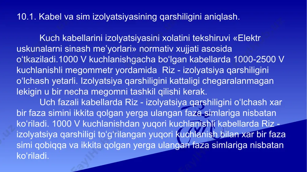 hik qiymatli toklarni (10-14 a va undan kichik) oʻlchashga toʻgʻri keladi. bu esa maxsus moslamalar va usullarni qoʻllashni takozo etadi. oʻtgan maruzlarimizda aytdiki namuna qarshiligi toʻgʻridan-toʻgʻri yoki bilvosita usullar bilan oʻlchanadi. toʻgʻridan-toʻgʻri oʻlchovlarda lampali yoki yarim oʻtkazgichli megaometrlardan foyalaniladi. ushbu oʻlchov asboblarini koʻrsatkichlaridan qarshilikni qiymatlarini olish mumkin. oʻlchov diapozoniga qarab megaometrni mumkin boʻlgan xatolik chegarasi ±5 dan ±20 % gachani tashkil qiladi. bilvosita oʻlchovlarda namuna qarshiligi undan oʻtuvchi tokni oʻlchash va xisob kitob qilish yoʻli bilan aniqlanadi. tok (kuchlanish) qiymatini oʻlchashda yuqori sezgirlikka ega boʻlgan magnitoelektrik galvonometr, elektrostatik va elektron elektrometrlardan foydalaniladi. ushbu asboblar yuqori sezgirlikga ega boʻlganni uchun tokni 10-17 a qiymatini oʻlchash imkonini beradi (tokni bu qiymatida oʻtkazgichni koʻndalang kesimidan bor yoʻgʻi 62 dona elektron oʻtadi). toʻgʻridan-toʻgʻri ogʻish usuli. galvonometrni tokka sezgirligini si va kuchanishga sezgirligini su bilan farqlanadi. galvonometrni teskari sezgirlik qiymati uni doimiyligi deyiladi va u xam tokka ci va kuchlanishga cu bilan farqlanadi. galvonometrni si …