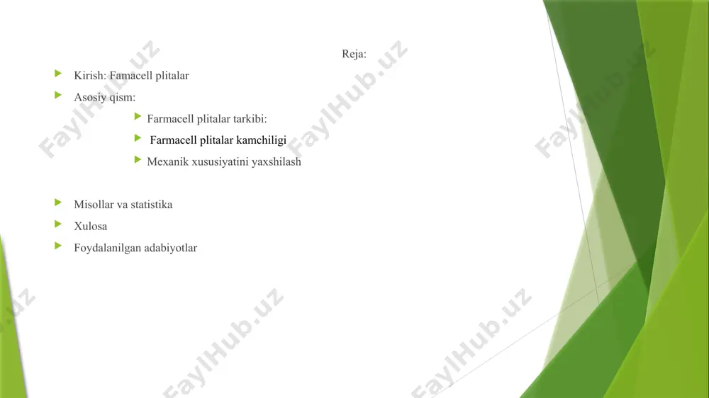 vintlar, mahkamlagichlar yoki qo‘shimcha vositalar kerak bo‘lishi mumkin. 6. qayta ishlashning qiyinligi: farmacell plitalarining tarkibi (tsement va sellyuloza tolalari) ularni qayta ishlash jarayonini nisbatan murakkablashtiradi. 7. tashishdagi noqulaylik: og‘irligi va hajmi sababli tashish jarayonida ko‘proq e’tibor talab qiladi, bu esa qo‘shimcha xarajatlarga olib kelishi mumkin. farmacell plitalarining keng tarqalgan o‘lchamlari: qalinligi: 10 mm 12,5 mm 15 mm 18 mm kengligi: 600 mm 625 mm 1200 mm uzunligi: 2000 mm 2500 mm 3000 mm plitalarning turiga qarab o‘lchamlar: standart farmacell plitalari: odatda qalinligi 10–12,5 mm, kengligi 625 mm, uzunligi 2500–3000 mm. namlikka chidamli plitalar: qalinligi odatda 12,5–18 mm. kengligi va uzunligi standart variantlarga o‘xshash. pol uchun farmacell plitalari: ko‘pincha qalinroq bo‘lib, 18–25 mm atrofida bo‘ladi. yong‘inga chidamli plitalar: qalinligi 15–18 mm bo‘lishi mumkin, yong‘inga chidamlilikni oshirish uchun zichroq materialdan tayyorlanadi fizik xususiyatlari: issiqlik o‘tkazuvchanligi (λ): 0,32 w/(m·k). bu qiymat yaxshi issiqlik izolyatsiyasini ta'minlaydi. ovoz izolyatsiyasi: farmacell plitalari zichligi va strukturasiga ko‘ra …