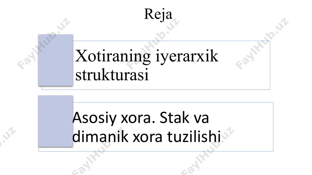 mo’ljallangan komponentidir. asosiy xotira – tezkor xotira qurilmasi ham deb ataladi (random access memory – ram) (оперативное запоминающее устройство - озу yoki оперативка deb ataladi). tezkor xotira qurilmasining ikki turi mavjud: 1. statik txq (static ram - sram). bu turdagi xotira d-triggerlar asosida quriladi. 2. dinamik txq (dynamic ram - dram). bu turdagi xotirani qurishda triggerlar ishlatilmaydi. dinamik txq – tranzistorlar va juda kichik kondensatorlardan qurilgan, yaycheykalar to’plamidan iborat bo’ladi. динамик тхқнинг бир неча хиллари мавжуд: - fpm (fast page mode) – тезкор саҳифалар режимига эга динамик хотира; - edo (extended data output) – уланиш нуқталарининг имкониятлари кенгайтирилган динамик хотира; - dram, sdram (synchronous ram) – синхрон динамик тхқлари; - ddr (double data rate) – маълумотларни икки карра тез узата олувчи sdram. image1.png image2.jpg image3.jpeg image4.jpeg image5.jpeg image6.jpeg /docprops/thumbnail.jpeg