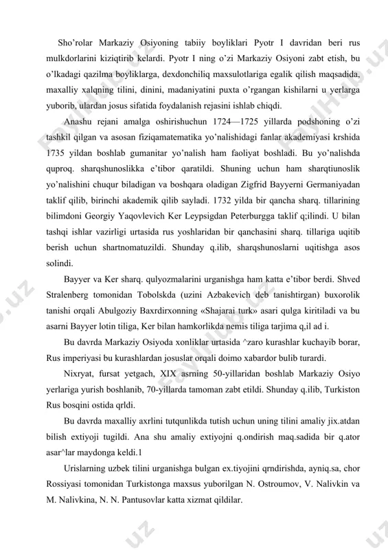 shunday q.ilib, turkiston rus bosqini ostida qrldi. bu davrda maxalliy axrlini tutqunlikda tutish uchun uning tilini amaliy jix.atdan bilish extiyoji tugildi. ana shu amaliy extiyojni q.ondirish maq.sadida bir q.ator asar^lar maydonga keldi.1 urislarning uzbek tilini urganishga bulgan ex.tiyojini qrndirishda, ayniq.sa, chor rossiyasi tomonidan turkistonga maxsus yuborilgan n. ostroumov, v. nalivkin va m. nalivkina, n. n. pantusovlar katta xizmat qildilar. vladimir petrovich nalivkin (1852—1918) artille​riya bilim yurtini bitirgandan sung toshkentga ofitser sifatida xarbiy xizmatga yuboriladi va xiva yurishlarida ishtirok etadi. ma’lum vaqt namangan uyezdi xarbiy boshligi yordamchisi bulib ishlaydi. maxalliy axrlining urf-odati, madaniyati, tilini chuqur urganish uchun namanganning nanay qishlogtedan joy olib, oilasi bilan u yerda bir necha yil yashaydi. arab, fors-tojik, uzbek tillarini mukammal urganib, 1884 yilda toshkentda ochilgan rustuzem maktabida muallimlik qiladi. 1890—1895 yillarda sirdaryo, samarqand, fargona viloyatlari mu-sulmon maktablari inspektori, fargona viloyati gubernatori muovini lavozimlarida ishlaydi. ii davlat dumasiga deputat bulib saylanadi. 1917 yilda muvaqdat xukumat kaolitsion komitetining …