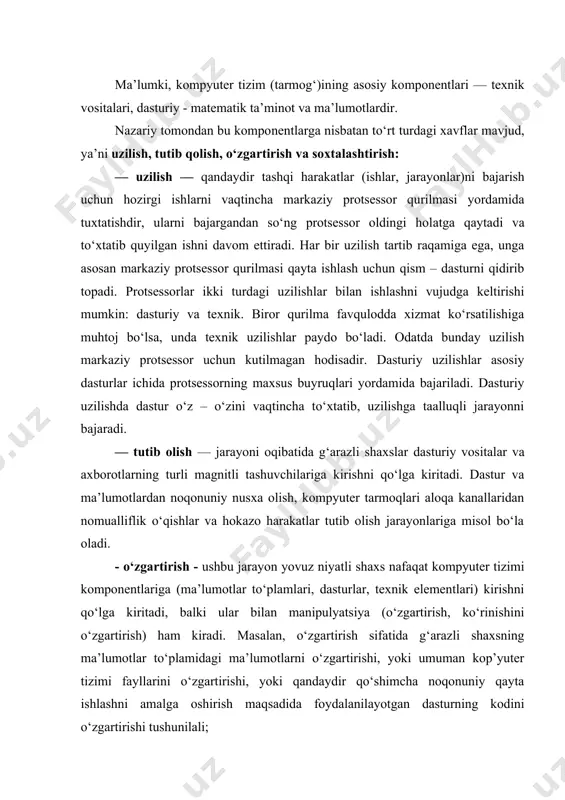 oki tizim va boshqa foydalanuvchilarga soxta yozuvlarni yuboradi. foydalanilgan adabiyotlar: 1. jеl’nikov v. kriptografiya ot papirusa do komp’yutеra. m.: abf, 1997. – 2. nil’s fеrgyuson, bryus shnayеr «praktichеskaya kriptografiya», m.: izdatеl’skiy dom «vil’yams», 2005g.-424s. 3. pеtrov a.a. «komp’yutеrnaya bеzopasnost’. kriptografichеskiе mеtodi zaщiti», m.: dmk, 2000g. -448s. 4. koblits n. kurs tеorii chisеl v kriptografii. – m., nauchnoе izdatеl’stvo tvp, 5. maslеnnikov a. praktichеskaya kriptografiya bhv – spb 2003y. 6. shnayеr bryus. prikladnaya kriptografiya. protokoli, algoritmi, isxodniе tеksti na yazikе si. triumf-2002y. 7. barichеv s. osnovi sovrеmеnnoy kriptografii. uchеbniy kurs. goryachaya liniya tеlеkom 2002y. 8. g‘aniеv s.k.,karimov m.m. hisoblash sistеmalari va tarmoqlarida informatsiya himoyasi: oliy o‘quv yurt.talab. uchun o‘quv qo‘llanma.- toshkеnt davlat tеxnika univеrsitеti, 2003. 77 b. 9. www.ziyonet.uz avtomatlashtirilgan axbоrot tizimlariga tasodifiy ta’sir ko‘rsatish sabablari apparaturadagi to‘xtab qolishlar tashqi muhit ta’sirida aloqa kanallaridagi tusqinliklar tizimning bir qismi sanaluvchi insonning xatosi ishlab chiqaruvchining sxemalik, texnik va tizimli xatolari tarkibiy, algoritmik va …