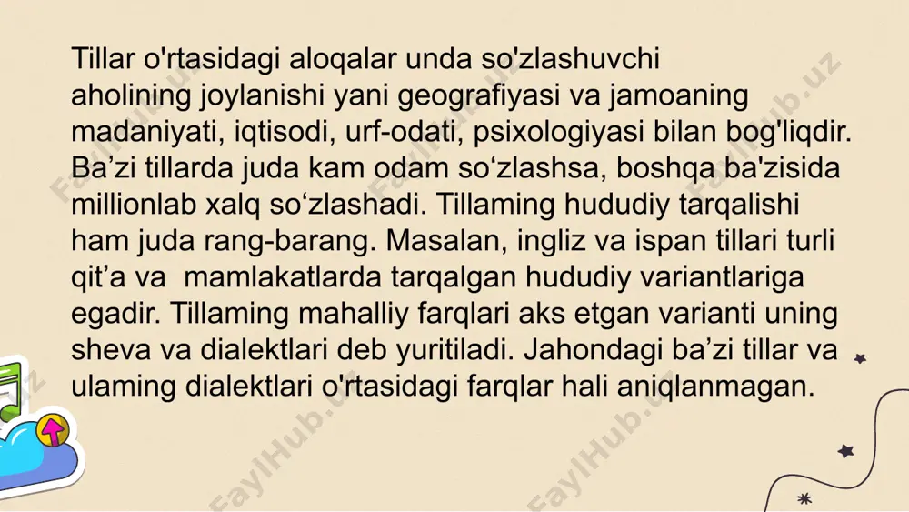 illar taraqqiyotidagi o‘zgarishlar turli yo‘nalishda bo'lib har xil natijalarga olib keladi. ba’zan shunday ham bo'ladiki, tildagi qandaydir kichik o‘zgarishlar kuchayib, ularda so'zlashuvchilaming muloqotida quyinchiliklami keltirib chiqaradi va ba’zan bir tilning ikki variantida so‘zlashuvchilar bir-birlarini tushunmay qolishlari mumkin. tilning taraqqiyotidagi bunday jarayon farqlanish deb ataladi. buning aksi bo‘lgan jarayon, yani bir tilning ikki varianti o‘rtasidagi farqlanish yo‘qolishi natijasida ulaming qo'shilib ketishi integratsiya deb ataladi. tillaming o‘xshashligi esa o'tmishda ko'chmanchilik bilan hayot kechirgan xalqlaming tillarida ko‘proq ro‘y bergan. odatda qishloq xo‘jaligi, tog‘da va o‘rmonda hayot kechirish tillarning farqlanishini tezlatuvchi shartlardan hisoblanadi. masalan, afrika qit’asidagi kamern mamlakatida 180 dan ortiq til bor. tojikistonning pomir tog‘laridagi aholining bir necha tillarda so'zlashuvi, hatto ular yashayotgan joy 5—6 km uzoqlikda bo‘lsa ham turli bir-biriga o‘xshamagan tillarda so‘zlashuvi qiziqdir. bir tilning ikki tilga ajralish jarayonida avval bu tilning sheva-lahjalarga bo‘linib ketishi ro‘y beradi. kelgusida bu shevalar alohida til bo'lib qolishlari mumkin. masalan, sanskrit tili boshqa hind guruhi …