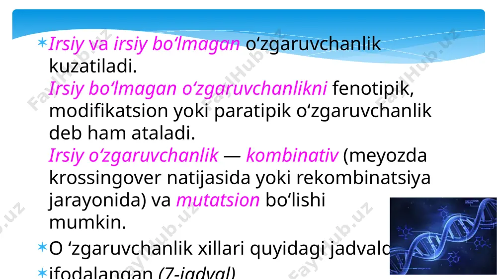 omalarning tuzilishini o‘zgarishi natijasida kelib chiqadi. ular xromosoma aberratsiyalari deb ham ataladi. bu mutatsiyalarda xromosomalarda genlar soni va lokalizatsiyasi (joylashishi) o‘zgaradi. ular xromosoma ichi va xromosomalararo mutatsiyalarga bo‘linadi (11-jadval). xromosomalar ichi mutatsiyalariga, inversiya, duplikatsiya va deletsiya misol bo‘ladi (15-rasm), xromosomalararo mutatsiyalarga esa — translokatsiya misol bo‘ladi (16-rasm). gen mutatsiyalari (transgenatsiyalar). hujayrada replikatsiya va reparatsiya jarayonlari buzilishi natijasida kelib chiqadi. gen mutatsiyalari xillari quyidagi jadvalda aks ettirilgan (12-jadval). 3. mutagen bir yoki bir nechta azotli asosning tuzilishini buzib yuborishi natijasida replikatsiya mumkin bo‘lmay qoladi. mutagenlar ta’sirida kelib chiqqan mutatsiyalarni hujayrada tuzatish mexanizmlari mavjud bo‘lib, bu jarayonni reparatsiya deb ataladi. reparatsiya uch bosqichda amalga oshiriladi: (17-rasm). 1. replikatsiya boshlanguncha dnkning o‘zgargan qismi fermentlar yordamida kesib tashlanadi va normal azotli asoslar bilan tiklanadi. 2. replikatsiya jarayonida yuqoridagi o‘zgarishlar replikatsiya davrida amalga oshiriladi. 3. replikatsiyadan keyin oqsillar, fermentlar faolligi o‘zgarishi yo‘li bilan amalga oshiriladi. gen mutatsiyalari gen mutatsiyasi molekular darajada ro‘y beradi. bunday mutatsiyani …