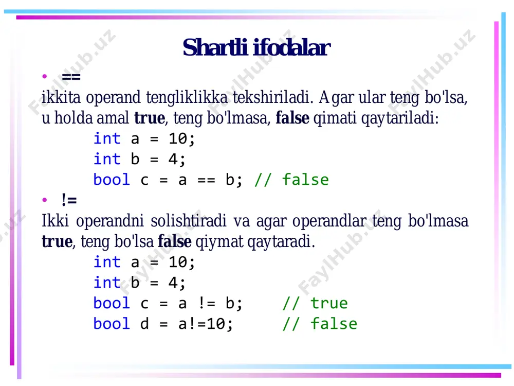 eturn yoki throw o'tish operatorlaridan biri kelishi kerak. odatda, break operatori ishlatiladi. u ishlatilsa, boshqaruv boshqa bloklar bajarilmasdan switch operatoridan chiqib ketadi. biroq, agar aksincha, joriy case bloki bajarilgandan so'ng, boshqa case bloki ham bajarilishi zarur bo’lsa, break o'rniga goto case operatoridan foydalanish mumkin: shart operatorlari int number = 1; switch (number) { case 1: console.writeline("case 1"); goto case 5; // case 5 ga o’tish case 3: console.writeline("case 3"); break; case 5: console.writeline("case 5"); break; default: console.writeline("default"); break; } shart operatorlari agar moslik topilmasa, lekin vaziyat hal qilinishi kerak bo'lsa, yuqoridagi misoldagi kabi default bloki qo'shiladi. return operatoridan foydalanish nafaqat ish blokidan, balki chaqirilayotgan metoddan ham chiqish imkonini beradi. ya'ni, agar switch..case konstruktsiyasidan keyin main metodida return operatori qo'llanilganda har qanday operator va ifodalar mavjud bo'lsa ham, ular bajarilmaydi va main metodi o’z ishini to’xtatadi. throw operatori xatolarni “tashlash” uchun ishlatiladi va keyingi mavzulardan birida yoritiladi. shart operatorlari ternar amali …