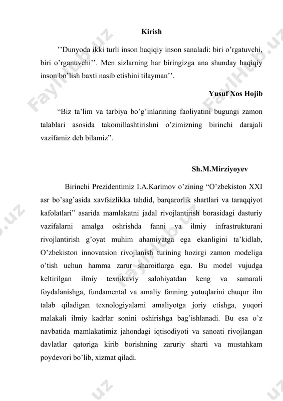 liy ta’lim muassasalarida differensial tenglamani oʻqitish jarayoni. kurs ishining predmeti. chiziqli bir jinsli o’zgarmas koeffisentli tenglamalar va ularni yechishga doir nazariy va amaliy bilimlarni oʻrgatish usullari va vositalari. kurs ishining maqsadi. chiziqli bir jinsli o’zgarmas koeffisentli tenglamalar mavzusi yuzasidan masalalar yechish metodikasini ishlab chiqish. kurs ishining vazifalari. oliy ta’lim muassasalarida uchun dts, taqvim rejasi, mavzuga oid mavjud adabiyotlar, internet ma’lumotlarini toʻplash va tahlil qilish; “chiziqli bir jinsli o’zgarmas koeffisentli tenglamalar” mavzusida masalalar ishlashning muammolarini, fanda tutgan oʻrni va ahamiyatini oʻrganib chiqish; oliy ta’lim muassasalarida chiziqli bir jinsli o’zgarmas koeffisentli tenglamalar mavzusining asosiy tushunchalarini tahlil qilish, innovatsion texnologiyalardan foydalangan holda mavzuni oʻqitish metodikasini ishlab chiqish. oliy ta’lim muassasalarida chiziqli bir jinsli o’zgarmas koeffisentli tenglamalarga doir masalalar yechish metodikasini ishlab chiqish. bitiruv malakaviy ishi yuzasidan tajriba oʻtkazish, uning natijalarini tahlil qilish va tegishli xulosalar chiqarish. kurs ishining tuzilishi. kurs ishi kirish, 2 ta bob, 4 ta paragrapf, xulosa, foydalanilgan adabiyotlar roʻyxati hamda …