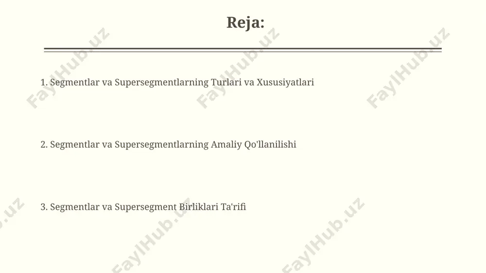 rmarket tarmog'ining mijozlar segmentatsiyasi: yosh guruhlari (18-25, 26-40, 40+), daromad darajalari (past, o'rta, yuqori) va xarid qilish odatlariga (haftalik, oylik) asoslangan 9 ta segmentni aniqlash mumkin. o'zbekistondagi avtomobil bozorining segmentatsiyasi: 2023-yil ma'lumotlariga ko'ra, a, b, c, d segmentlariga bo'lingan 50 dan ortiq turdagi mashinalar mavjud bo'lib, ular narx, hajmi va texnik xususiyatlari bilan ajralib turadi. muhokama va savol-javoblar muhokama va savol-javoblar jarayonida 20 dan ortiq ishtirokchi, jumladan toshkent va samarqanddan kelgan 5 nafar mutaxassis faol ishtirok etdi va 30 dan ziyod muhim fikrlar bildirildi. muhokama natijalariga ko'ra, 2024 yil uchun 3 ta asosiy yo'nalish belgilandi: xalqaro hamkorlikni kengaytirish, raqamli texnologiyalarni joriy etish va 5 milliard so'm miqdorida investitsiyalarni jalb qilish. supersegmentlarning xususiyatlari суперсегментларнинг таъсири, овоз баландлиги ва паузалар каби омиллар билан чамбарчас боғлиқ бўлиб, 2-3 мартагача маънони ўзгартириши, буни андижондаги экспериментларда текширилган. суперсегментлар, масалан, тон ва интонация, сўзларнинг маъноларини 30% гача ўзгартириши мумкин, бу эса, айниқса, 5 тадан ортиқ сўзли …