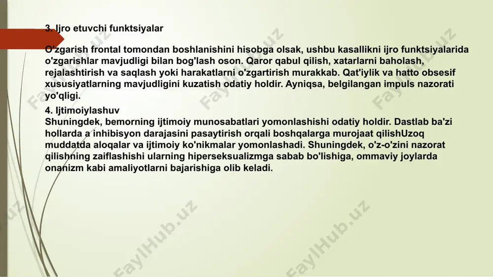 l nevrologik tekshiruvni o'tkazing miya to'qimasini tekshirish uchun mri, ct yoki pet dan foydalaning tasvirlash testlari shifokoringizga miyangizning shakli va yuz berishi mumkin bo'lgan o'zgarishlarni ko'rishga yordam beradi. ushbu testlar, shuningdek, shifokoringizga miya shishi yoki insult kabi demans belgilarini keltirib chiqarishi mumkin bo'lgan boshqa holatlarni istisno qilishga yordam beradi. shifokoringiz demansning boshqa sabablarini istisno qilish uchun qon testlarini buyurishi mumkin. masalan, qalqonsimon bez gormoni etishmovchiligi (gipotiroidizm), b-12 vitamini etishmovchiligi va sifilis keksa odamlarda demansning keng tarqalgan sabablari hisoblanadi. pik kasalligi qanday davolanadi? pik kasalligining rivojlanishini sekinlashtiradigan samarali davolash usullari ma'lum emas. shifokoringiz ba'zi alomatlaringizni engillashtirish uchun dori-darmonlarni buyurishi mumkin. masalan, ular hissiy va xatti-harakatlardagi o'zgarishlarni davolash uchun antidepressantlar va antipsikotiklarni buyurishlari mumkin. shifokoringiz, shuningdek, simptomlaringizni yomonlashtirishi mumkin bo'lgan boshqa muammolarni tekshirishi va davolashi mumkin. masalan, siz sinovdan o'tishingiz va davolanishingiz mumkin: depressiya va boshqa ruhiy kasalliklar charchoq, bosh og'rig'i, asabiylashish va diqqatni jamlashda qiyinchiliklarga olib kelishi mumkin bo'lgan anemiya noto'g'ri …