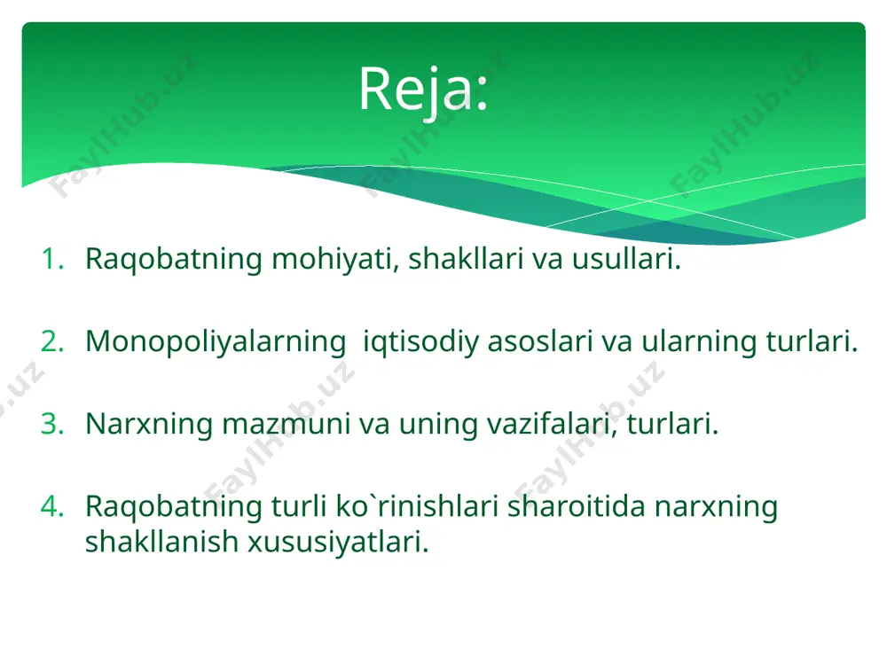 taqsimlanishiga bevosita va bilvosita ta`sir o`tkazadi. nazorat qilish vazifasi – bozordagi ba`zi ishtirokchilarning boshqa bir ishtirokchilar ustidan monopolistik hukmronlik o`rnatishiga yo`l qo`ymaslikka yo`naltirilgan. raqobat shakllari: 1. ishlab chiqaruvchi larning bozordagi mavqeiga ko`ra sof yoki erkin raqobat; sof monopoliya; monopolistik raqobat; oligopoliya. 2. miqyosiga ko`ra: tarmoqlar ichidagi raqobat; tarmoqlar o`rtasidagi raqobat; millliy xo`jalik doirasidagi raqobat; jahon xo`jaligi doirasidagi raqobat. 3. sodir bo`lish xarakteriga ko`ra tartibsiz (stixiyali) raqobat; tartibga solinadigan raqobat 4. amalga oshirish usuliga ko`ra: narx vositasidagi raqobat; narxsiz raqobat. 5. amalga oshirish yo`liga ko`ra: xalol raqobat; g`irrom raqobat. ishlab chiqaruvchi (sotuvchi) larning bozordagi mavqeini belgilab beruvchi omillar: ishlab chiqaruvchi (sotuvchilar) soni. to`siqlarning mavjudlik darajasi (bozorga kirish va undan chiqib ketish). sof raqobat sof monopoliya monopolistik raqobat oligapoliya 1.ishlab chiqaruvchi (sotuvchilar) soni juda ko`p yagona nisbatan ko`proq kam sonli 2. to`siqlarning mavjudlik darajasi mavjud emas katta, taqiqlash bilan barobar unchalik katta emas katta raqobat shakllari asosiy belgilar tarmoq ichidagi raqobat – …