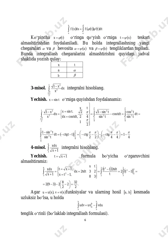                      e x xdxeexdx x e x vxdxdv x dx duxu xdxxxx x vxdxdv x dx xduxu xdxx e ee e e e e aniq integral yordamida yuzalarni, yoy uzunligini, o‗q atrofida aylanishdan hosil bo‗ladigan jism hajmlarini hisoblash.  xfy  funksiya grafigi, bxax  , ikkita to‗g‗ri chiziq va ox o‗q bilan chegaralangan figura egri chiziqli trapesiya deyiladi. bunday egri chiziqli trapesiyaning yuzi   0xf bo‗lsa,    b a b a ydxdxxfs formula bo‗yicha hisoblanadi.  xfy 1 va       xfxfxfy 122  egri chiziqlar va bx  ikkita to‗g‗ri chiziq bilan chegaralangan figuraning yuzi       b a dxxfxfs 12 formula bo‗yicha hisoblanadi. agar egri chiziqli trapesiya  yfx  funksiya grafigi, dycy  , to‗g‗ri …