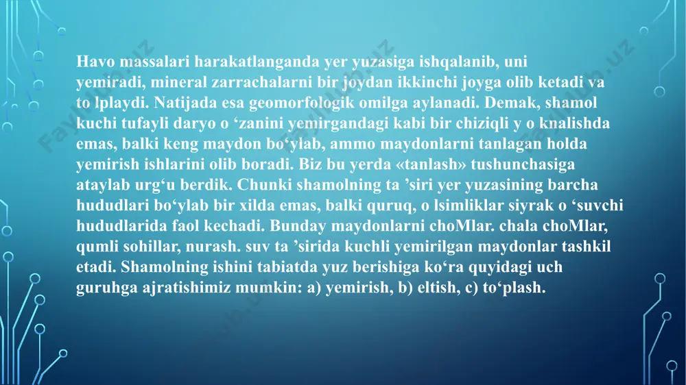 vodiysida yar, yor, 0 ‘zbekistonning janubiy-g‘arbiy qismlarida jo r tarzida qo‘llaniladi*. demak, yardang o ‘zining morfologik omchamlaridan kelib chiqib, jartang, tor jarchalar degan tushunchaga to ‘g bri keladi. yardang so‘zining etimologik mazmuni, uning geomorfologik tuzilishidan kelib chiqqan holda yuz beradi. chunki yardangning chuqurligi ba’zan 1 m dan 6 m gacha, bo‘ylamasiga o ‘niab metrlargacha bomgan holda, eniga atiga 0,5-1 m atroflda rivojlanadi ( akkumulyatsiya - shamol tog‘ jinslari, turli yotqiziqlarni deflyatsiya, korraziya tufayli olib ketishi bilan birgalikda, ulami ma’lum hududlar bo‘ylab to'playdi. ushbu jarayon akkumlyatsiya deb ataladi. akkumlyatsiya - lotincha «akkumulo» - to'plash degan ma’noni beradi. shu boisdan krasnoyarsk, kuyganyor, yorkent. boltajarboshi kabi toponimlar shakllangan. shamol akkumlyatsiyasi tufayli barxanlar. dyunalar kabi relyef fonnalari, eol yotqiziqlari bolmagan lyossli, qumoq lyossli yotqiziqlar yuzaga keladi. shamolning geologik ahamiyati. shamolning geologik ahamiyati katta. chunki shamol o ‘zi bilan birgalikda olib kelgan mayda zarrachalar rna’lum hadudlarda to ‘plana borib, o ‘nlab metr qalinlikdagi yotqiziqlami hosil …