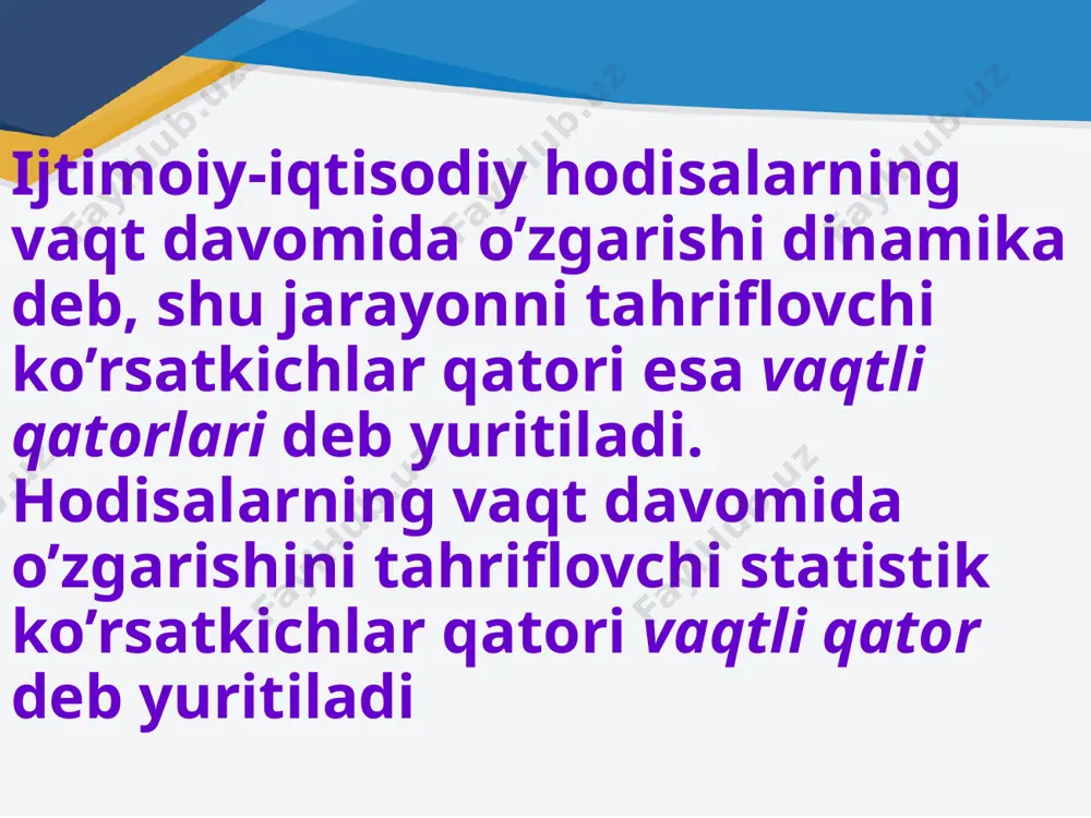 arda odatda uch ko’rinishdagi tendentsiya ajratiladi. o’rta daraja tendentsiyasi odatda matematik tenglama yordamida ifodalangan to’g’ri chiziqning atrofida izlanayotgan hodisaning o’zgarayotgan xaqiqiy darajasini ifodalaydi: yt = ft + εt bu funktsiyaning mazmuni shundaki, trendning qiymatlari vaqtning ayrim momentlarida dinamik qatorning matematik kutilishi bo’ladi. dis’ersiya tendentsiyasi qatorning em’irik darajalari va determinallangan kom’onentasi o’rtasidagi farqni o’zgarish tendentsiyasini xarakterlaydi e’tiboringiz uchun rahmat image1.jpeg image3.png image4.png image2.jpeg