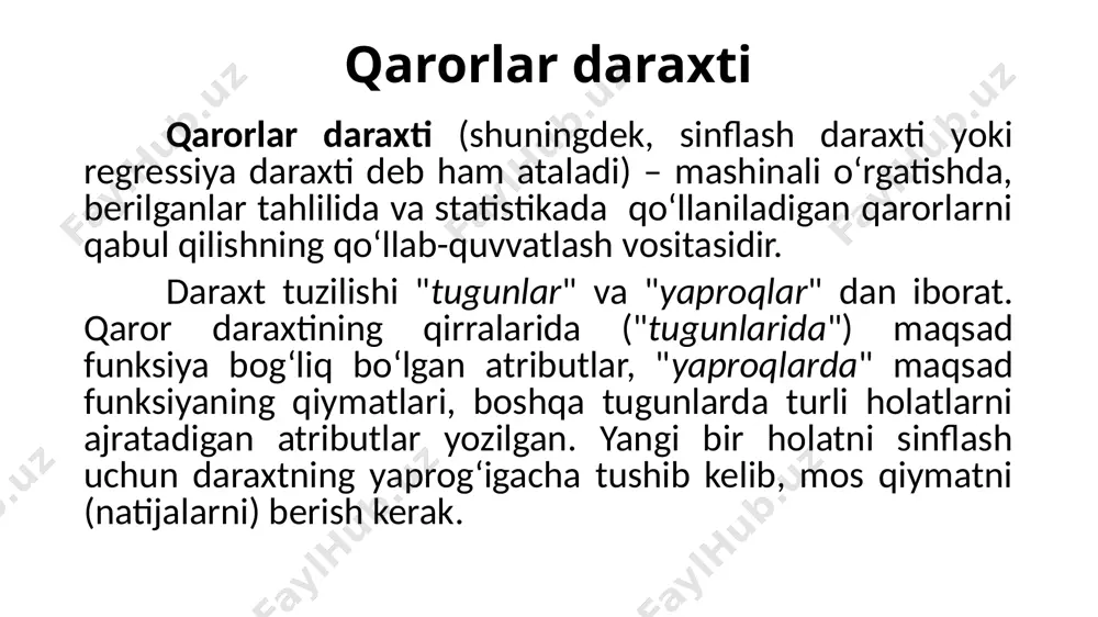 ohlash oson. qisqacha tushuntirishdan so‘ng, odamlar qaror daraxti modelining natijalarini izohlashi mumkin bo‘ladi; berilganlarni tayyorlash talab qilinmaydi. boshqa usullar berilganlarni normallashtirishni, fiktiv o‘zgaruvchilarni qo‘shish va qiymatlari to‘ldirilmagan berilganlarni o‘chirib tashlashni talab qiladi; ham kategoriyali va interval o‘zgaruvchilari bilan ishlash qobiliyati. boshqa usullar faqat bitta o‘zgaruvchini turi mavjud bo‘lgan berilganlar bilan ishlaydi. masalan, munosabatlar usuli faqat nominal o‘zgaruvchilarga, neyron tarmoqlari usuli esa faqat interval shkalasida o‘lchanadigan o‘zgaruvchilarga nisbatan qo‘llanilishi mumkin; qarorlar daraxtining usuli afzalliklari: oq quti modelidan foydalanadi. agar modelda ma’lum bir holat kuzatilsa, u holda bul mantiqi yordamida tushuntirish mumkin. "qora quti" ning misoli sun’iy neyron tarmoq bo‘lishi mumkin, chunki ushbu modelning natijalarini tushuntirish qiyin; statistik testlar yordamida modelni baholashga imkon beradi. bu modelning ishonchliligini baholashga imkon beradi; bu ishonchli usul. usul modeldagi dastlabki taxminlar buzilgan bo‘lsa ham yaxshi ishlaydi; maxsus tayyorlangan amallarni qo‘llamagan holda katta hajmdagi berilganlar bilan ishlashga imkon beradi. ushbu usul katta berilganlar bazalari bilan ishlash uchun …