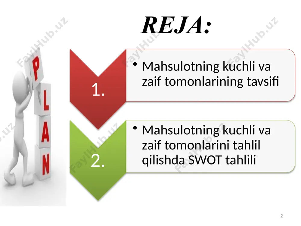 zirgi vaqtda mahalliy bozorda juda sifatli xalqaro mahsulotlar mavjud. demak, mahalliy korxonalar mahsulot sifatini yaxshilamasa, bozorda omon qolish uchun kurash olib boradi. mahsulot sifatli bo'lishi uchun bir nechta omillar muhim rol o'ynaydi: 7 yaxshi xom ashyo texnologik jarayonlar ishlab chiqaruvchi tajribasi nazorat va testlar ; sertifikatlash va standartlar innovatsiya va takomillashtirish qadoqlash va tashish saturday, july 26, 2025 8 mahsulotda mavjud innovatsion xususiyatlar, noyob funksiyalar yoki ilg‘or texnologiyalarni taklif etuvchi mahsulotlar bozorda ajralib turadi, ko‘pincha erta qabul qiluvchilarni jalb qiladi va raqobatbardosh ustunlikni yaratadi. mahsulot muvaffaqiyatida narxning ahamiyati katta. narx, iste'molchilarning mahsulotni qabul qilish yoki rad etish qarorlarini qabul qilishda asosiy omil bo'lib xizmat qiladi. narx mahsulotning raqobatbardoshligini belgilaydi. agar mahsulotning narxi yuqori bo'lsa, bu uni boshqa o'xshash mahsulotlarga nisbatan qimmat qilib ko'rsatishi mumkin, bu esa iste'molchilarni boshqa variantlarga yo'naltirishi mumkin. mahsulot muvaffaqiyatida foydalanish qulayligi (usability) juda muhim omil hisoblanadi. oson va qulay mahsulot foydalanuvchini uzoq vaqt davomida saqlab qolishga …
