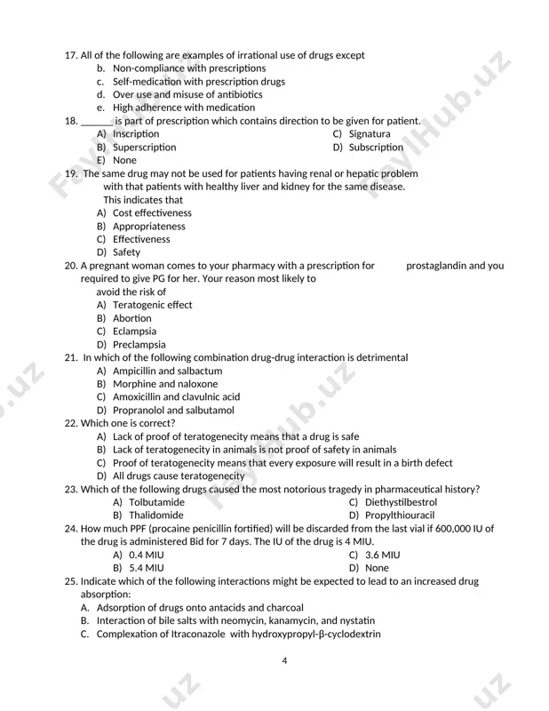 you have been asked to prepare a suspension with the following formula. you prepare this prescription and notice that the suspension settles extremely fast, such that within 30 seconds it has completely settled. rx tracmicin: 250 mg/ml 2% methylcellulose: 10 ml vanillin (ﬂavoring agent): 0.2% water qs ad: 100 ml which of the following techniques could be used to decrease the rate of settling? a. you could increase the concentration or volume of methycellulose used in the formulation. b. you could add a viscous liquid, such as glycerin, to this suspension. c. you could decrease the particle size by levigating the tracmicin in a mortar and pestle. d. all of the above. 18. all of the following are examples of irrational use of drugs except a. non-compliance with prescriptions b. self-medication with prescription drugs c. over use and misuse of antibiotics d. high adherence with medication 19. ______ is part …