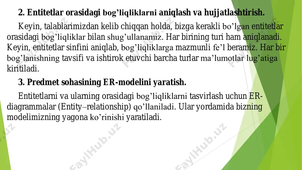 oriy mantiqiy ma’lumotlar modeli noto’g’ri va biz uni tuzatishimiz kerak bo’lgan xatolarni o’z ichiga oladi. 5. ma’lumotlar yaxlitligini qo’llab-quvvatlash talablari va ularni hujjatlashtirish. talablar ziddiyatli ma’lumotlarni ma’lumotlar bazasiga kiritishni oldini olish maqsadida joriy qilingan cheklovlar shaklida namoyon bo’ladi, ya’ni ma’lumotlar bazamizni nekonsistent qilishdan saqlaydi. biz quyidagi turdagi cheklovlarni ko’rib chiqishimiz kerak: — majburiy ma’lumotlar. null-qiymatlarga ega bo’lishi mumkin bo’lmagan atributlar mavjudmi; — atribut qiymatlari uchun cheklovlar. atributlar uchun ruxsat berilgan qiymatlar; — entitetlar yaxlitligi. u birlamchi kalit entitetida null-qiymatlarga ega bo’lmasligi kerakligini ta’minlaydi; — havolali yaxlitlik. tashqi kalit qiymati ustunlardan birining birlamchi kalitidagi qiymat bilan o’xshash bo’lishi kerak; — biznes qoidalari tomonidan o’rnatilgan cheklovlar. har bir rol ma’lum operatsiyalarni bajarishi mumkin va biz bu cheklashlarni amalga oshirishimiz mumkin. 1.3. jismoniy loyihalash loyihalashning oxirgi bosqichi jismoniy - ya’ni, kompyuterning tashqi xotirasida joylashtiriladigan ma’lumotlar bazasining aniq amalga oshirilishini tavsiflash. bu ma’lumotlarni saqlash strukturasini va ma’lumotlar bazasiga samarali kirishni ta’minlaydigan metodlarni tasvirlaydi. mantiqiy …