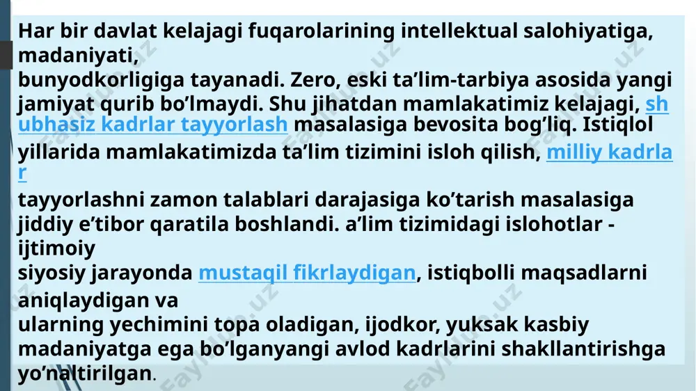 hora-tadbirlari dasturini amalga oshirish doirasida 25 ta oliy ta’lim muassasasining 202 ta ob’ektida yangi qurildi, kapital ta’mirlash va rekonstruksiya ishlari bajarildi. iqtisodiyotni real sektori talablaridan kelib chiqib, muhandislik ishlab chiqarish va qurilish yo‘nalishlari va ixtisosliklari bo‘yicha o‘qishga qabul qilish uning umumiy soniga nisbatan 23 foizdan 33.2 foizga oshdi. o‘zbekiston ta’lim maydoni ulkan hajmga ega bo‘lib, 10 mingga yaqin maktab, 1556 ta litsey va kollejlar, 100 dan ziyod oliy o‘quv yurtlarida yangi ta’lim tizim asosida bilim va tarbiya olib, zamonaviy kasb-hunarlarga ega bo‘lib, mamlakatimiz ta’lim modelining samarasini namoyon etmoqdalar. bejizga 2016-2020 yillarning may oyigacha oliy ta’lim tizimini yangi bosqichga olib chiqishga qaratilgan 62 dan ortiq me’yoriy huquqiy xujjatlar qabul qilinmaganligini teran anglamog‘imiz lozim. biz shu o‘rinda ularning ba’zilariga to‘xtalib o‘tsak, mavzuning mazmun moxiyatini tushunarli bo‘ladi. oliy ta’limning yangi sifat bochqichiga ko‘tarilishiga xizmat qiluvchi ushbu farmon va qarorlarning qabul qilishni yoshlarimizning jaxonning rivojlangan mamlakatlardagi ta’lim standartlariga to‘la mos keladigan bilimlarni egallashlariga, ularning …