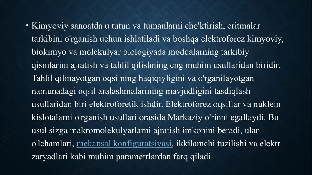 ektroforez - bu asosan atom radiusi, zaryadi va yopishqoqligiga qarab ionlarni ajratish uchun ishlatiladigan elektroforez turi. nomidan ko’rinib turibdiki, ushbu texnik odatda shisha naychada amalga oshiriladi. bu tezkor natijalarni va yuqori aniqlikdagi ajralishni beradi. gel elektroforezi - gel elektroforezi - bu elektroforezning keng qo’llaniladigan turi bo’lib, unda elektr maydon ta’sirida g’ovakli gel orqali harakatlanish natijasida molekulalar ajratiladi. ikki asosiy gel materiallari agaroz va poliakrilamiddir. gel elektroforezi nuklein kislotalarni (dnk va rnk), nuklein kislota parchalarini va oqsillarni ajratish uchun ishlatiladi. immunoelektroforez - immunoelektroforez - bu antitellarga reaktsiyasi asosida oqsillarni tavsiflash va ajratish uchun ishlatiladigan turli xil elektroforetik texnikalarning umumiy nomi. elektroblotlash - elektroblotlash - bu elektroforezdan so’ng nuklein kislotalarni yoki oqsillarni ularni membranaga o’tkazish orqali tiklash uchun ishlatiladigan usuldir. odatda poliviniliden ftorid (pvdf) yoki nitroselüloz polimerlari ishlatiladi. namuna tiklangandan so’ng, uni dog’lar yoki problar yordamida qo’shimcha ravishda tahlil qilish mumkin. g’arbiy blot - bu sun’iy antikorlardan foydalangan holda ma’lum oqsillarni aniqlash …