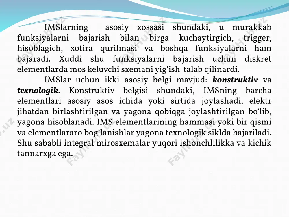 obiqsiz yoki mikrominiatyur metall qobiqli mikrosxemalar gibrid imslar uchun aktiv elementlar bo‘lib hisoblanadilar. gibrid integral mikrosxemalarning asosiy afzalligi: nisbatan qisqa ishlab chiqish vaqtida analog va raqamli mikrosxemalarning keng turlarini yaratish imkoniyati; keng nomentkaluturaga ega bo‘lgan passiv elementlar hosil qilish imkoniyati; mdya – asboblar, diodli va tranzistorli matrisalar va yuqori yaroqli mikrosxemalar chiqishi. 9.3. yarim o‘tkazgichli imslar tranzistorning ishlatilish turiga ko‘ra yarim o‘tkazgichli imslarni bipolyar va mdya ims larga ajratish qabul qilingan. bundan tashqari, oxirgi vaqtlarda boshqariluvchi o‘tishli maydoniy tranzistorlar yasalgan imslardan foydalanish katta ahamiyat kasb etmoqda. bu sinfga galliy arsenidida yasalgan imslar, zatvori shottki diodi ko‘rinishida bajarilgan maydoniy tranzistorlar kiradi. hozirgi kunda bir vaqtning o‘zida ham bipolyar, ham maydoniy tranzistorlar qo‘llanilgan imslar yaratish tendensiyasi belgilanmoqda. ikkala sinfga mansub yarim o‘tkazgichli islar texnologiyasi yarim o‘tkazgich kristallini galma – gal donor va akseptor kiritmalar bilan legirlash (kiritish)ga asoslangan. natijada sirt ostida turli o‘tkazuvchanlikka ega bo‘lgan yupqa qatlamlar, ya’ni n–p–n yoki p–n–p tuzilmali …